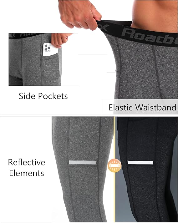 Roadbox Men's Compression Pants Running Tights with Pockets Athletic Leggings Base Layer for Workout Basketball Cycling Sport