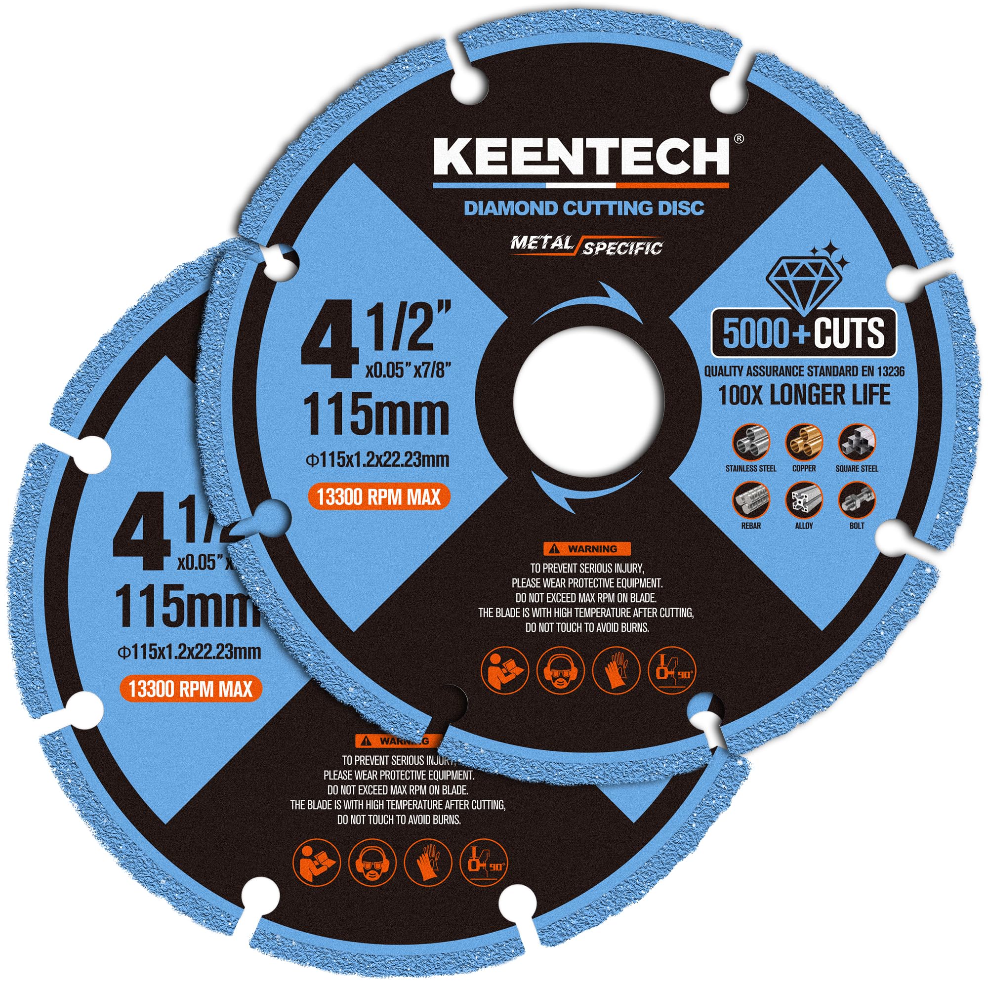 KEENTECH 4 1/2 x 7/8 Inch Diamond Cut Off Wheel for Metal Cutting, Compatible with Angle Grinder (2-Pack)