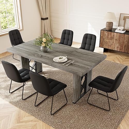 Miniatura 8 de Juego de mesa de comedor de 7 piezas para 6-8 personas, mesa de cocina MDF de 70.8 pulgadas con 6 sillas tapizadas, ahorro de espacio para comedor,