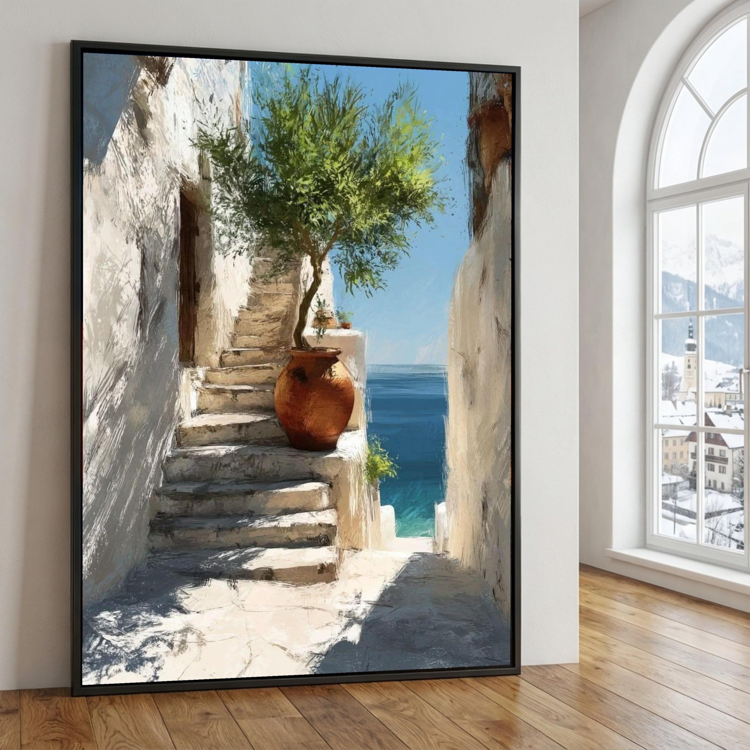 CAOXTART Mediterranean Stairway Canvas Print Art, Olive Tree Seaside Architecture Posters, Sunny Coastal Decor Painting(30x40cm/Frameless)
