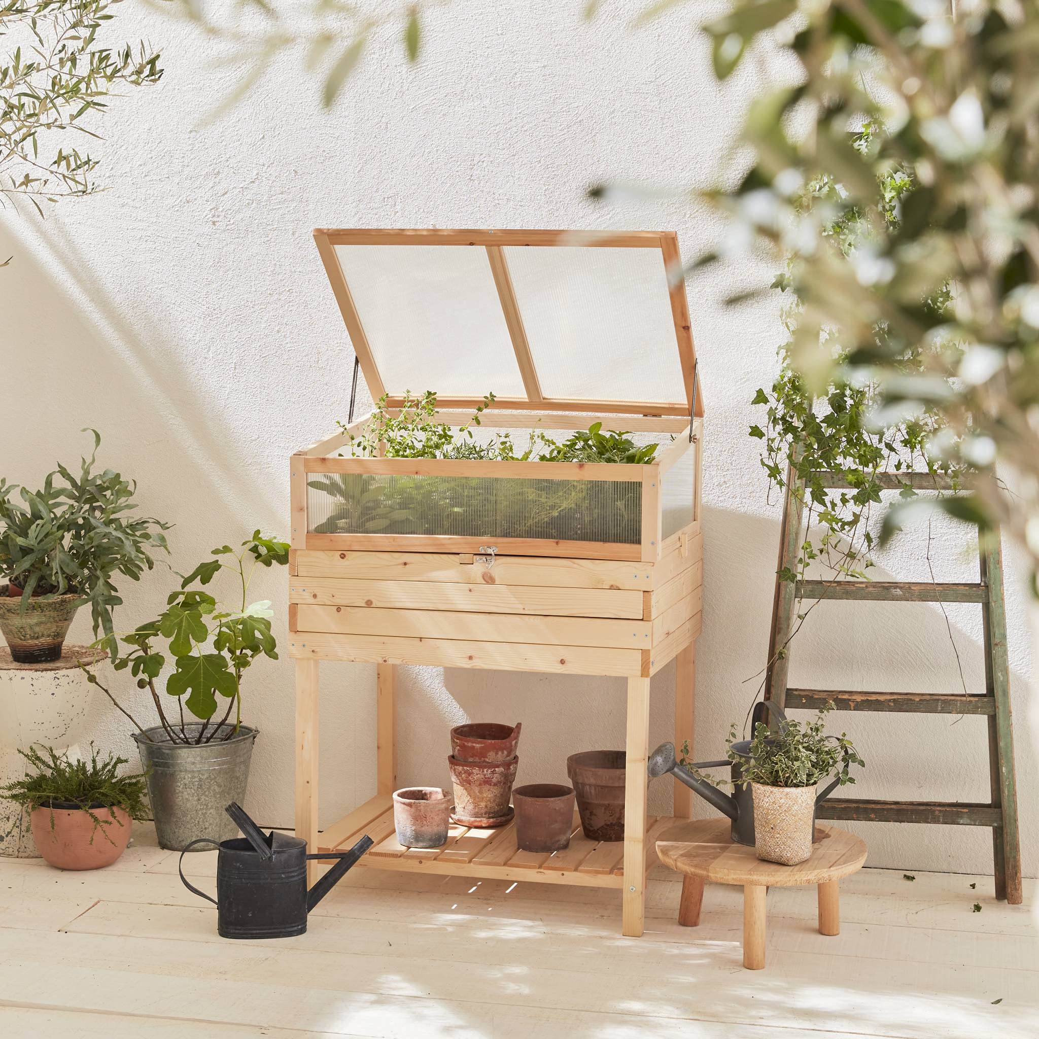 Alice's Garden - Potager en Bois sur Pieds et Serre en Polycarbonate Amovible. ERABLE. 2 en 1. avec étagère et géotextile. 80 x 60 x 109 cm