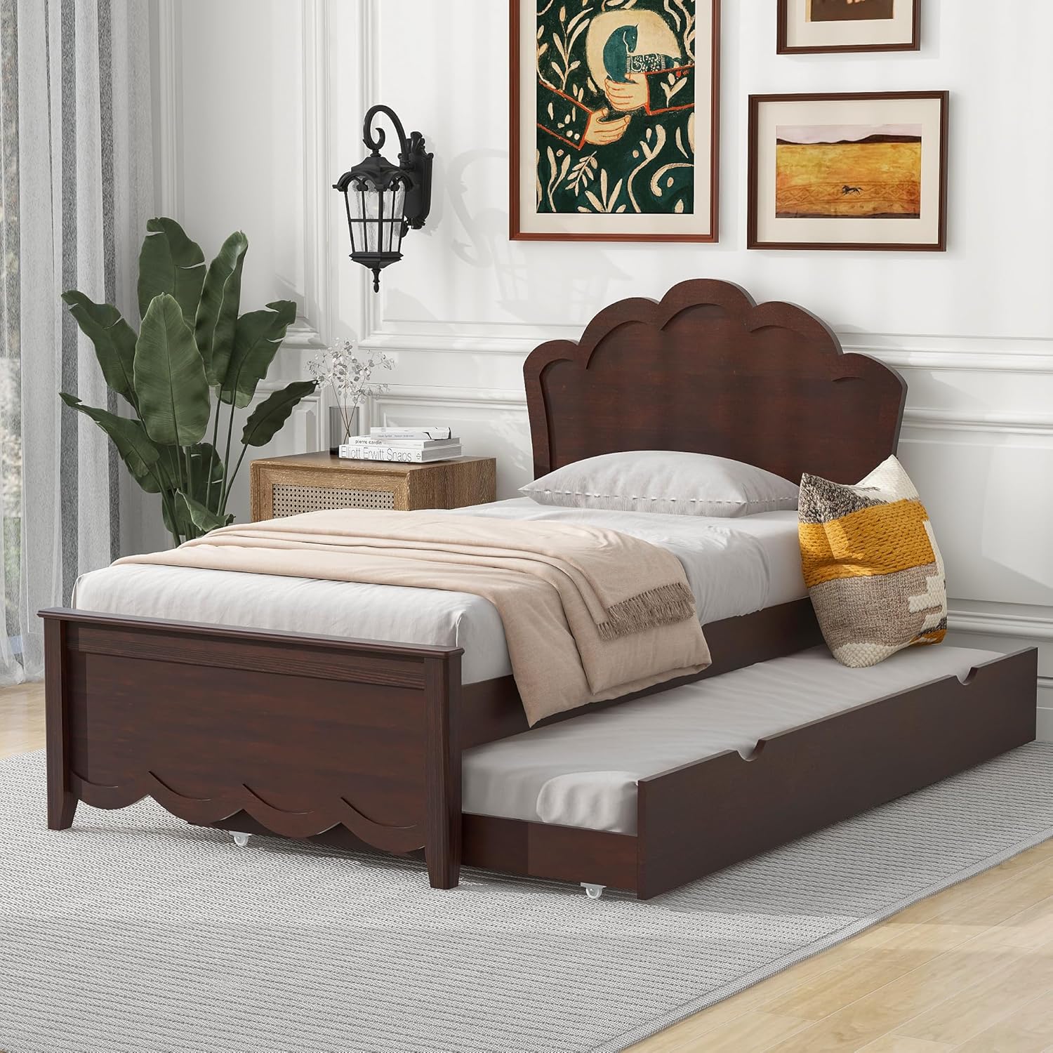 Merax Twin Bed Frame with Headboard and Trundle, Solid Wooden Platform Beds for Bedroom and Guest Room, No Box Spring Needed, Cappuccino Twin Cappuccino