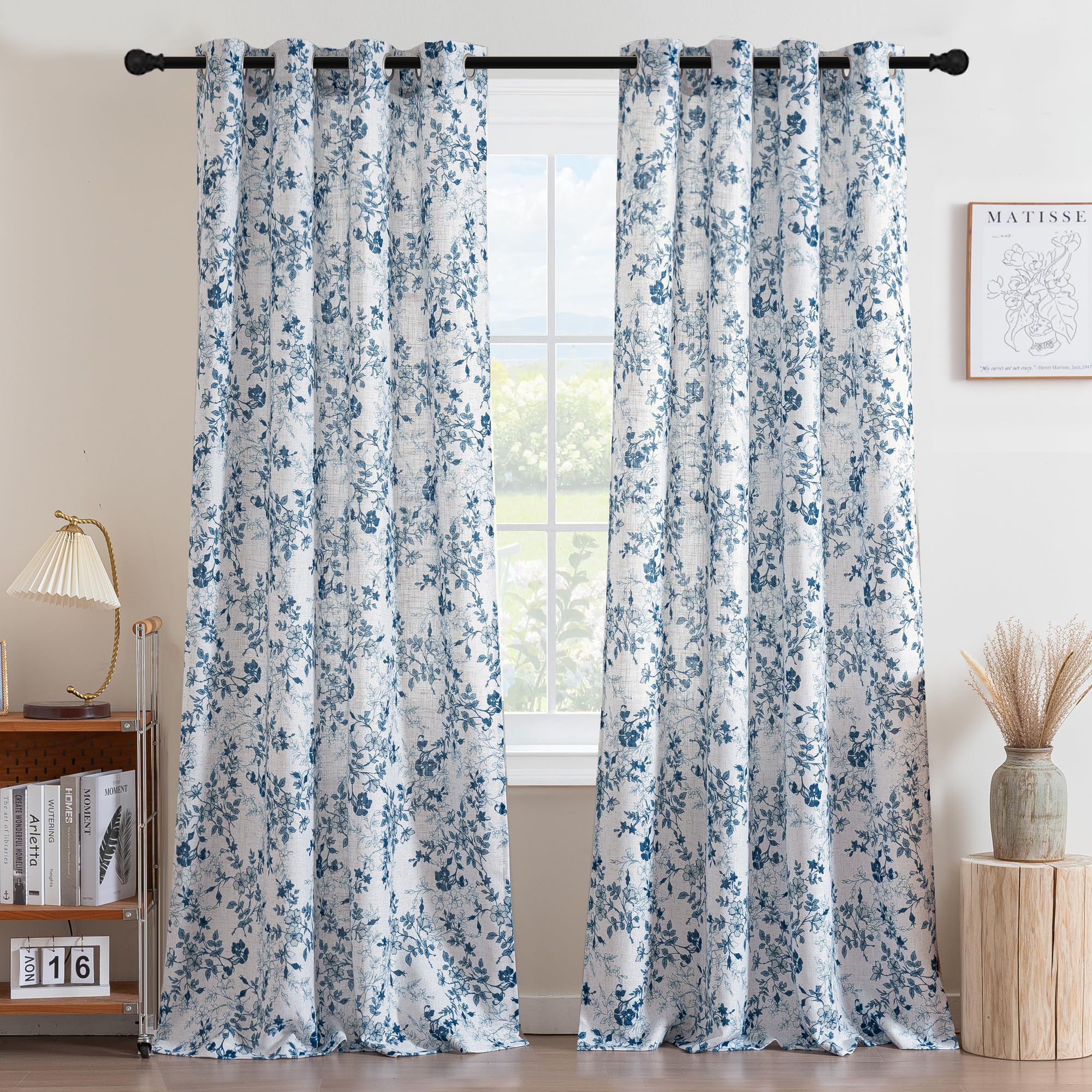 Floral Linen Curtains - Blue Farmhouse Drapes -20 Floral Linen Curtains - Blue Farmhouse Drapes -20