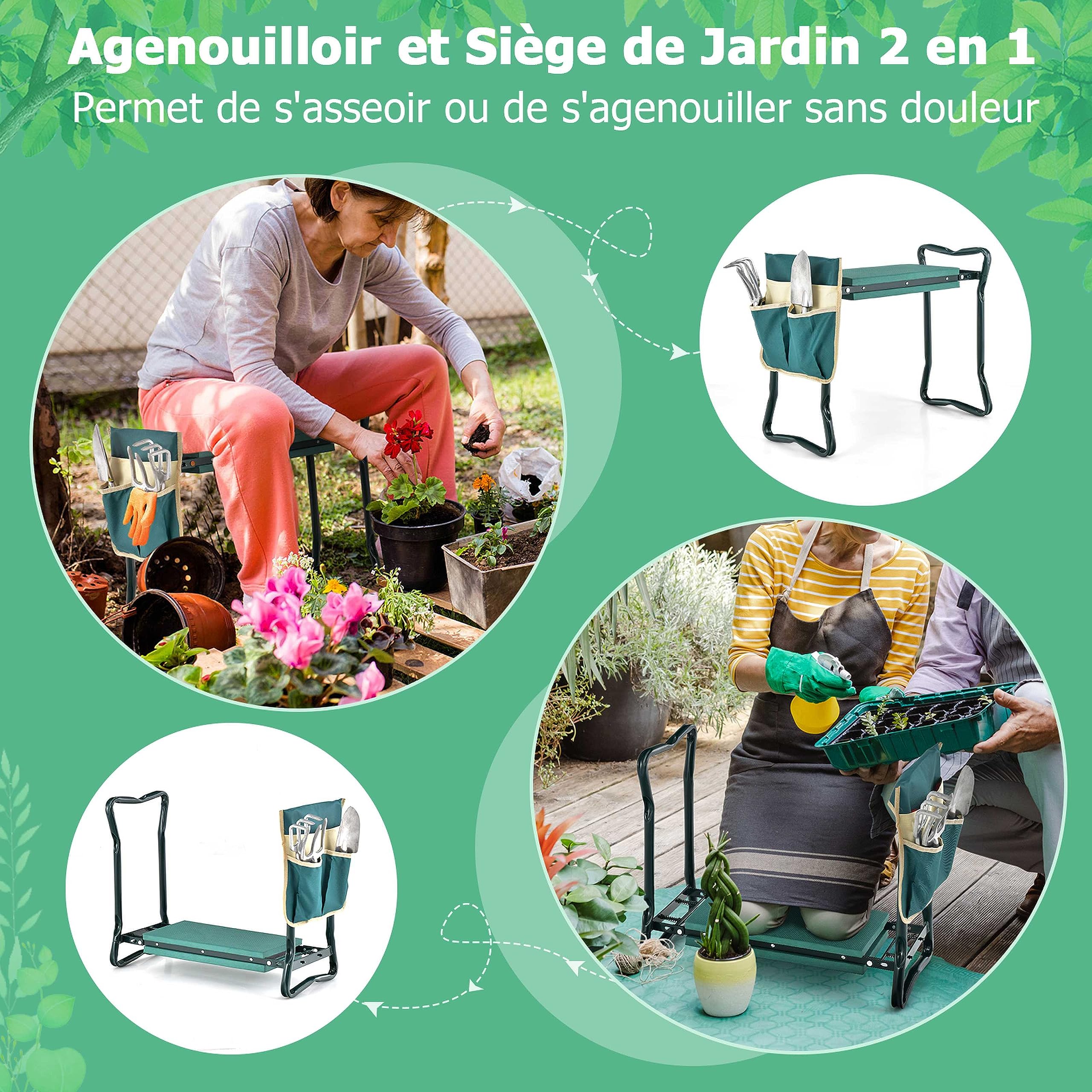 GOPLUS Banc de Jardin à Genoux et Assis, Siège de Jardin Portable avec Grande Poche à Outils et Coussin en Mousse EVA pour Les Genoux, Outil de Jardinage Pliable pour Les Jardiniers(2 Pochettes)