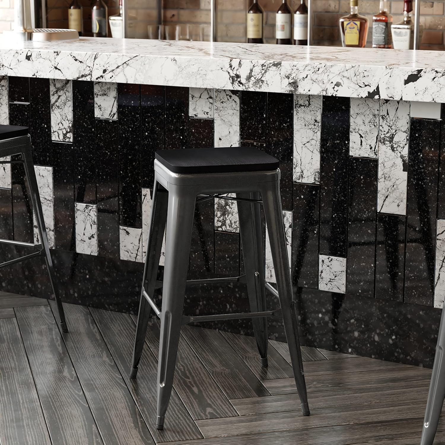 EMMA + OLIVER Kam 30" High Backless Bar Stool - Black Metal Frame - Black Polyresin Seat - for Indoor/Outdoor Use