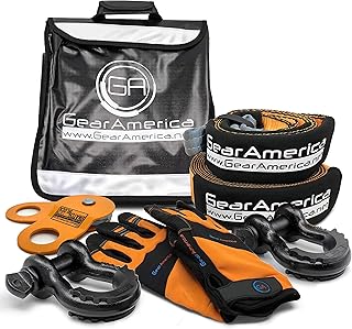 GearAmerica Off-Road Recovery Kit | Abschleppgurt + Baumschoner + Snatch Block + Schwarz D Ringschäkel + Windenleine Dämpf...