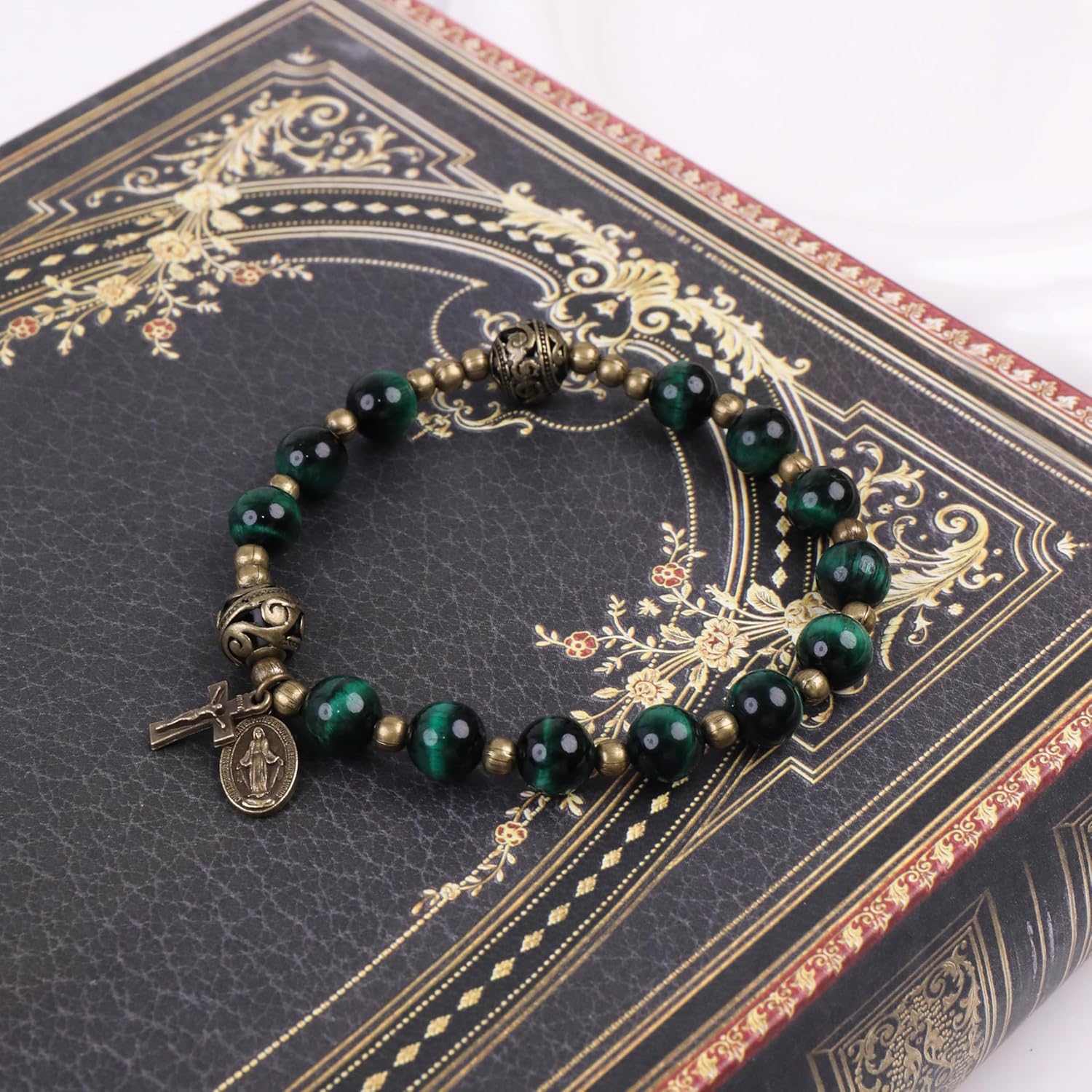 Nazareth Store Stone Beads Rosary Bracelet with Metal Separators and Catholic Medal - Durable and Elegant Wrist Jewelry - Image 9