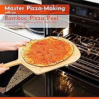 Vista 4 de Loftern Pizarra de madera de 16 pulgadas con tamaños grabados, tabla de cortar de pizza de bambú multiusos, cáscara de pizza de madera, espátula