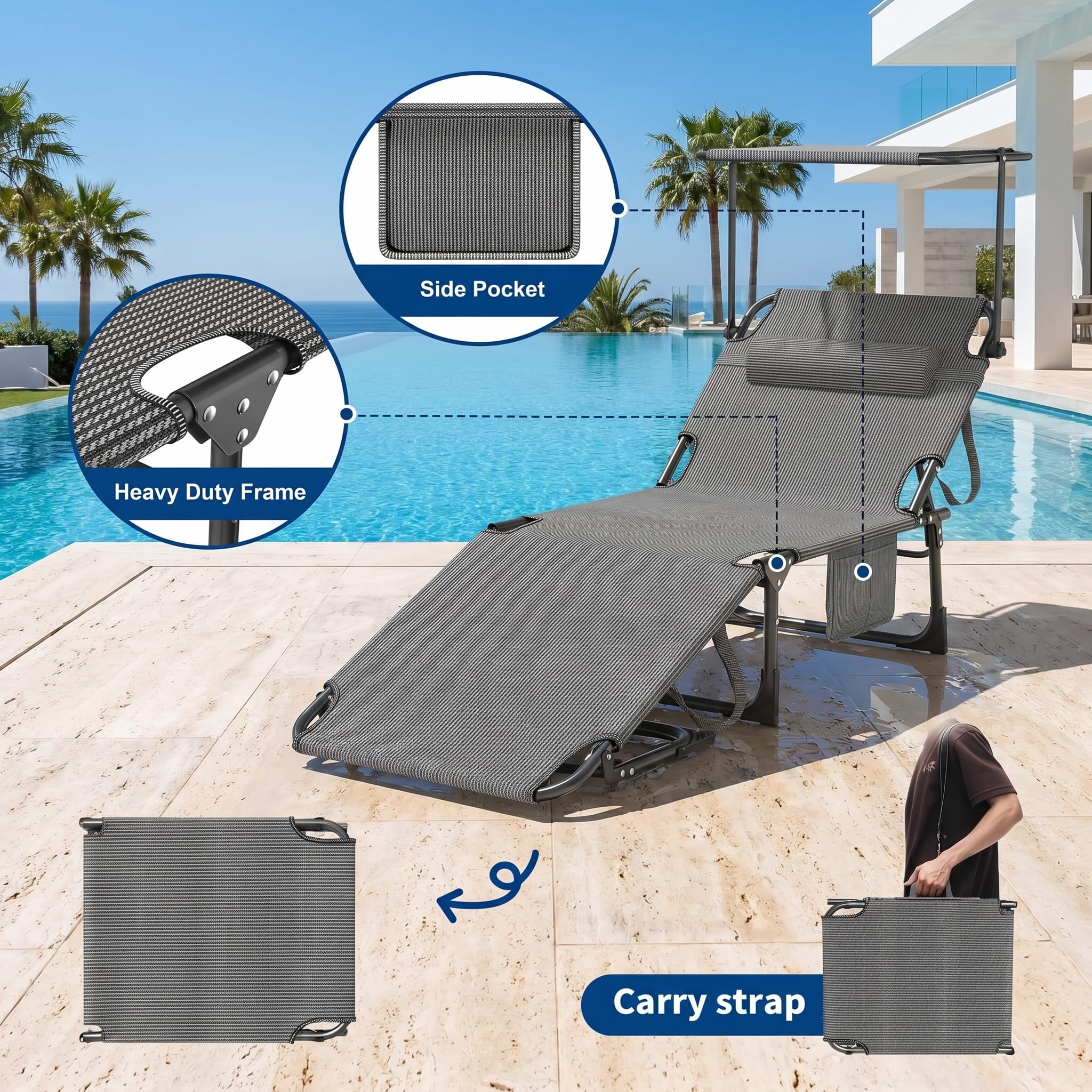Sonnenliege klappbar mit Dach, Gartenliege 194 x 67,5 x 29 cm, Liegestuhl mit Verstellbarer Rückenlehne & Kopfkissen, Faltbare Campingliegefür Strand-Pool-Garten, bis 120 kg, Schwarz