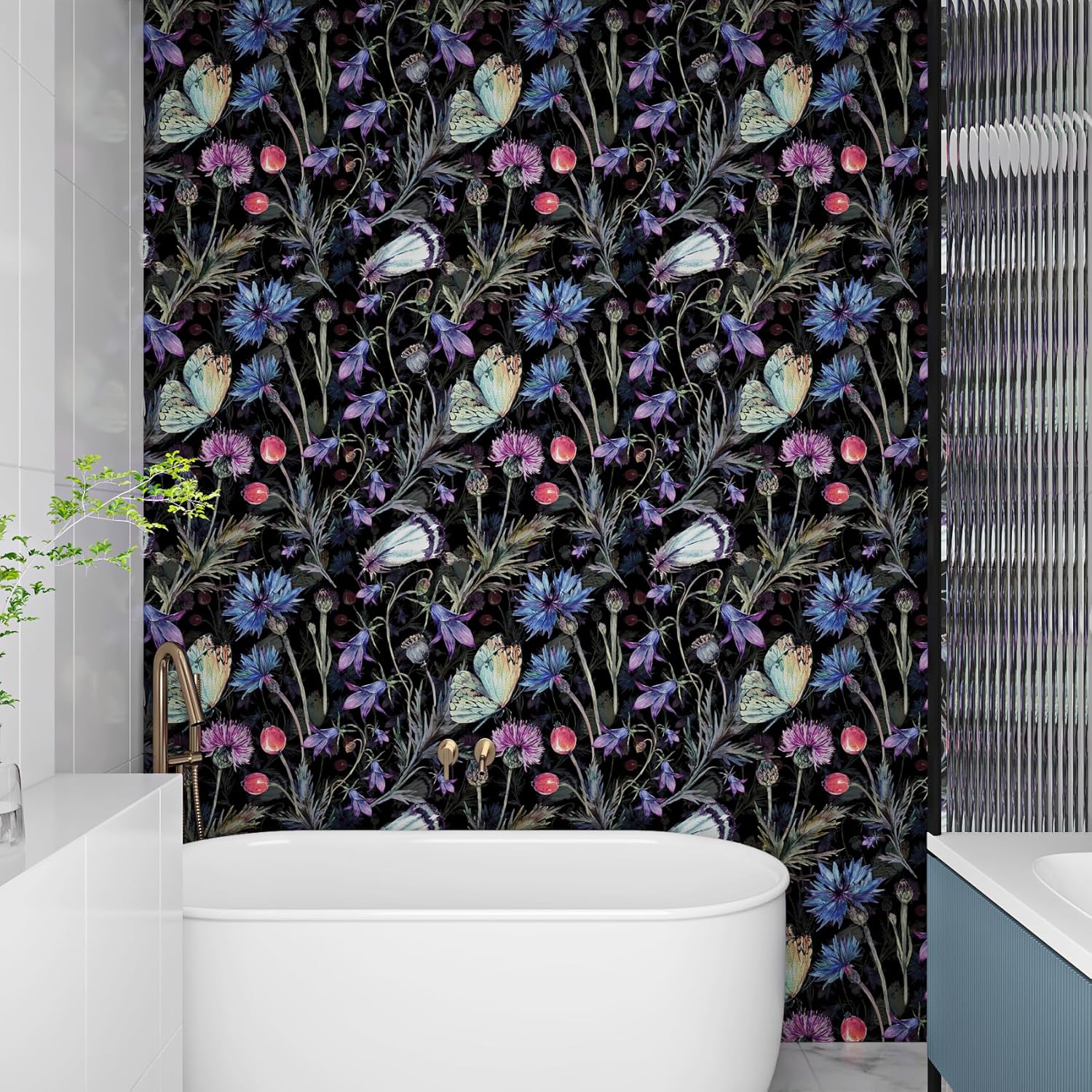 ReWallpaper Vintage Floral Peel and Stick Wallpaper Black and Pink Flower Wall Paper 17.5X23ft Gold Butterfly Wallpaper for Bathroom Waterproof Dark Wildflower Wall Art Wall Decor Living Room Cabinet