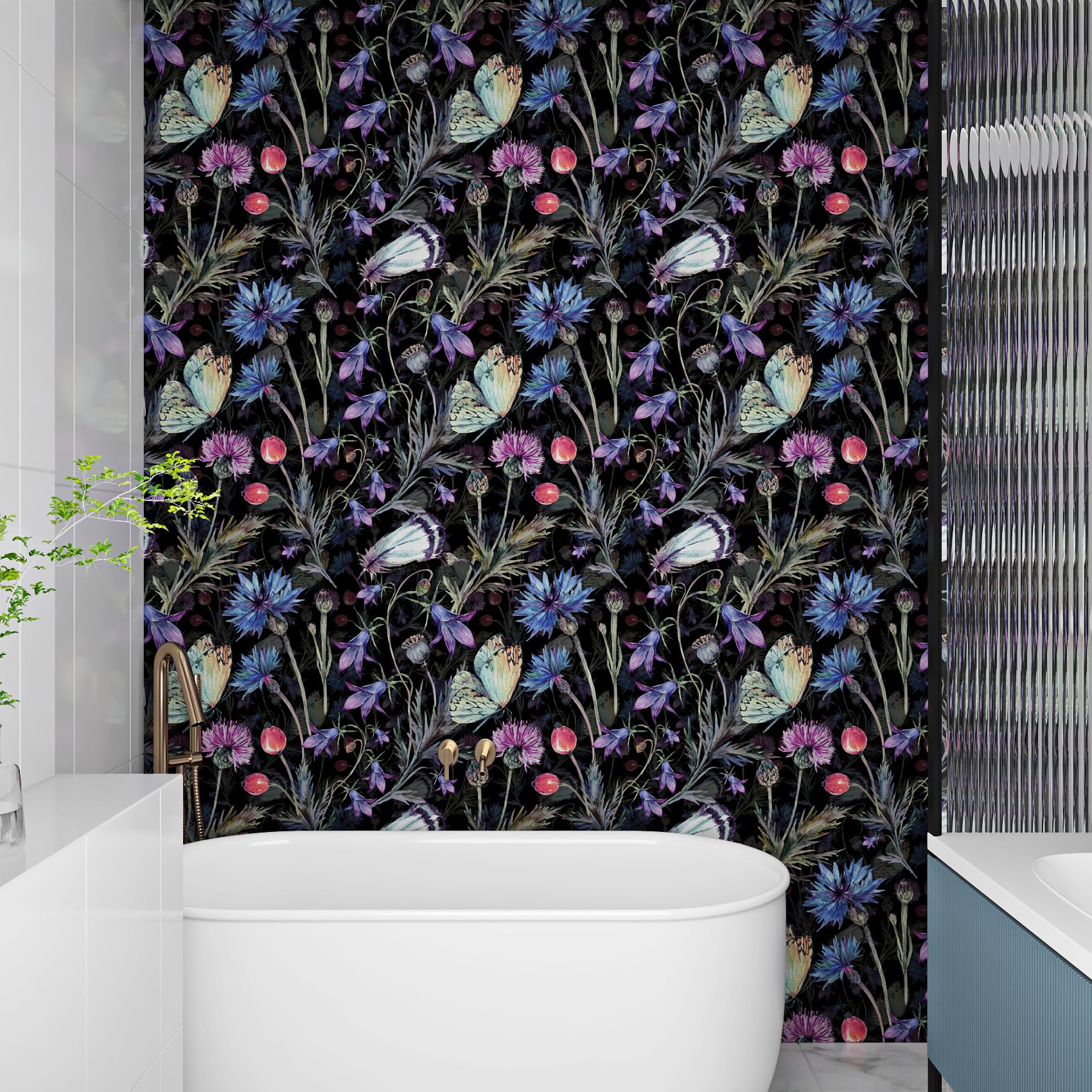 ReWallpaper 44,5CMx7M Carta Adesiva per Mobili Fiori e Sfondo Nero Carta Da Parati Adesiva Muro Farfalla Viola Carte Da Parati Camera Da Letto Salotto PVC Rivestimento per Armadio Porte