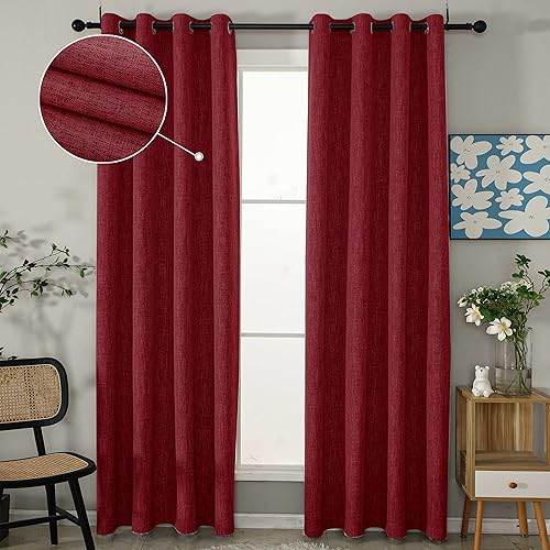 INLINAS Cortinas opacas con textura de nudos de bambú de lino de 52 x 84 pulgadas, 100% bloqueo de luz, reducción de ruido y aislamiento térmico,