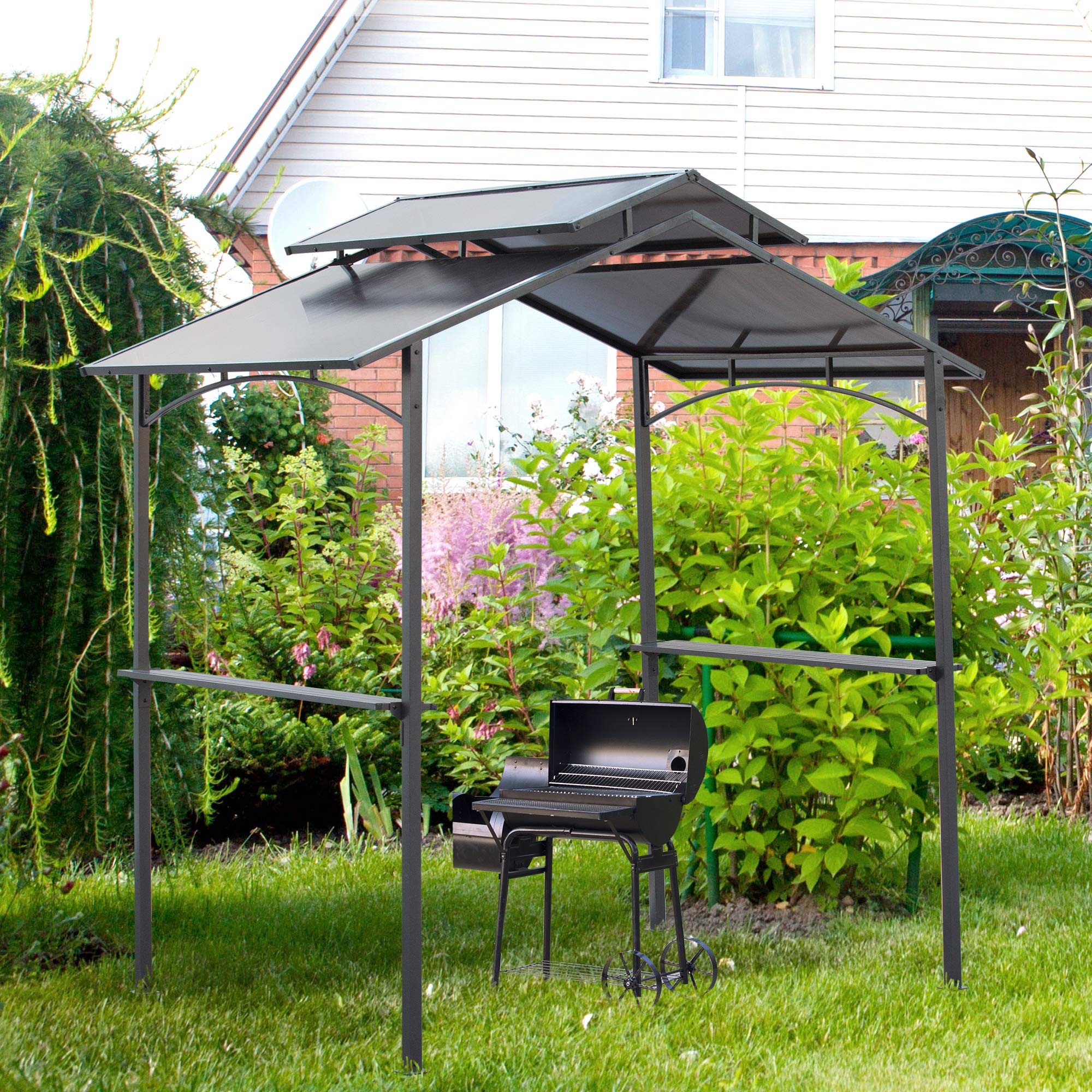 Gazebo Barbecue Outsunny 2,4 X 1,5 M – Con Ripiani Laterali E Ganci, Struttura In Acciaio E Tenda Ignifuga