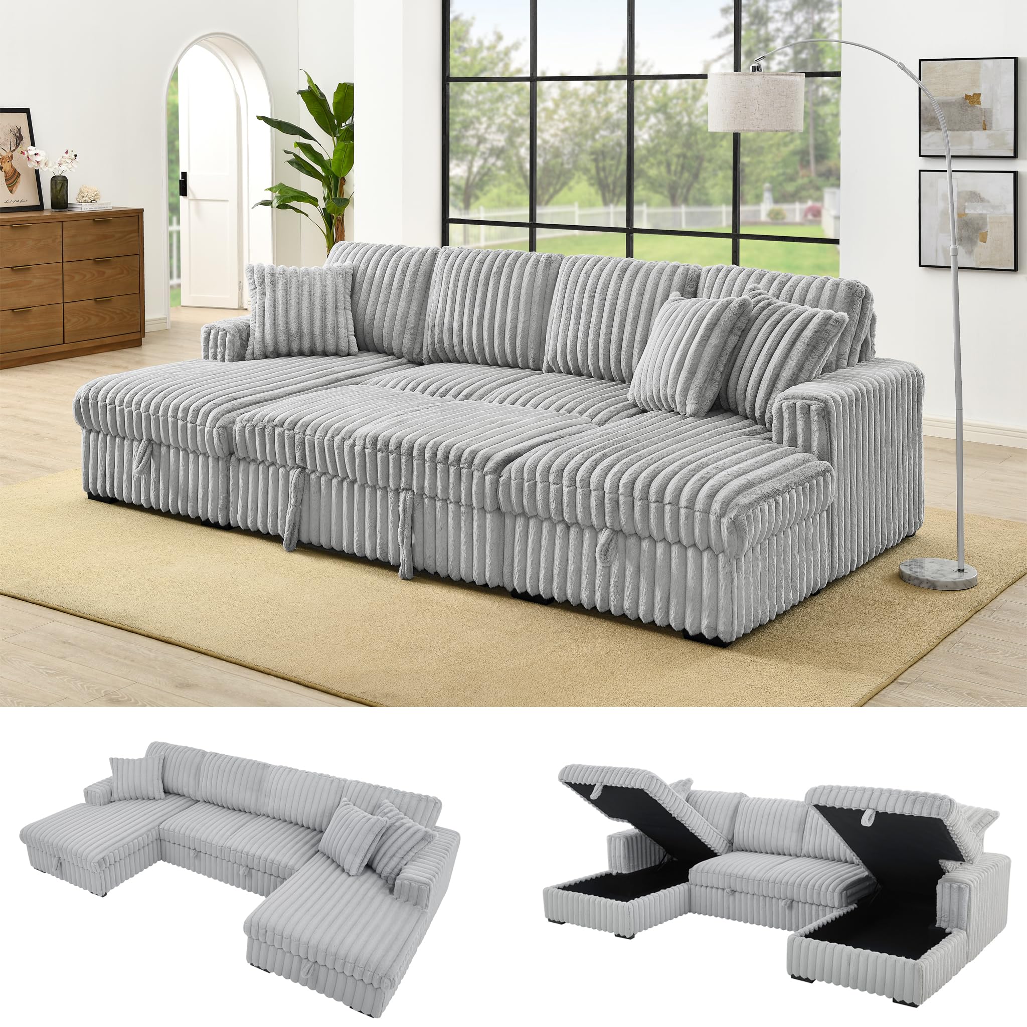 RENDGO 122" Oversized Corduroy U Shaped Sectional Sleeper Couch with Double Storage Chaise,Gifts for Men Women, Pull Out Sofa Bed for Apartment Grey