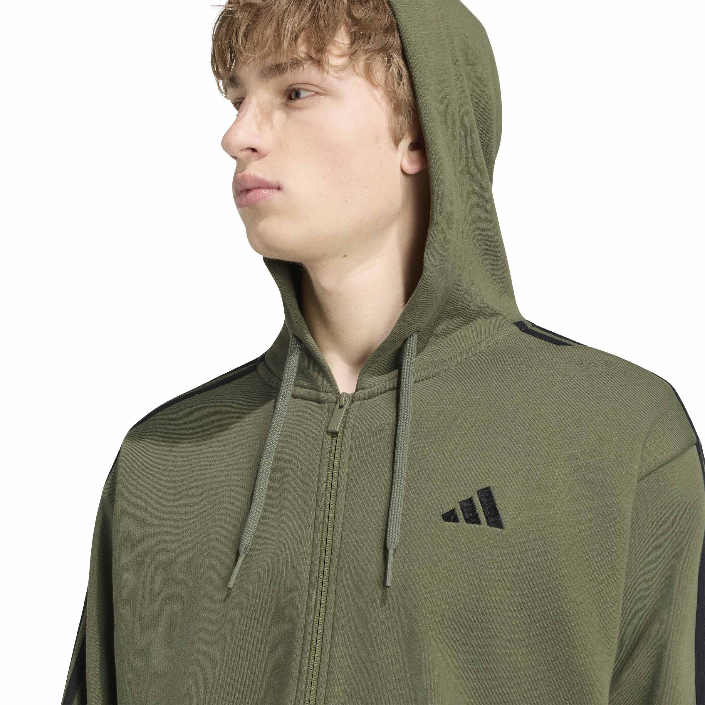 adidas Mezczyzni Essentials 3-Stripes French Terry Full-Zip Hoodie Sweatshirt, Olive Four/black, S