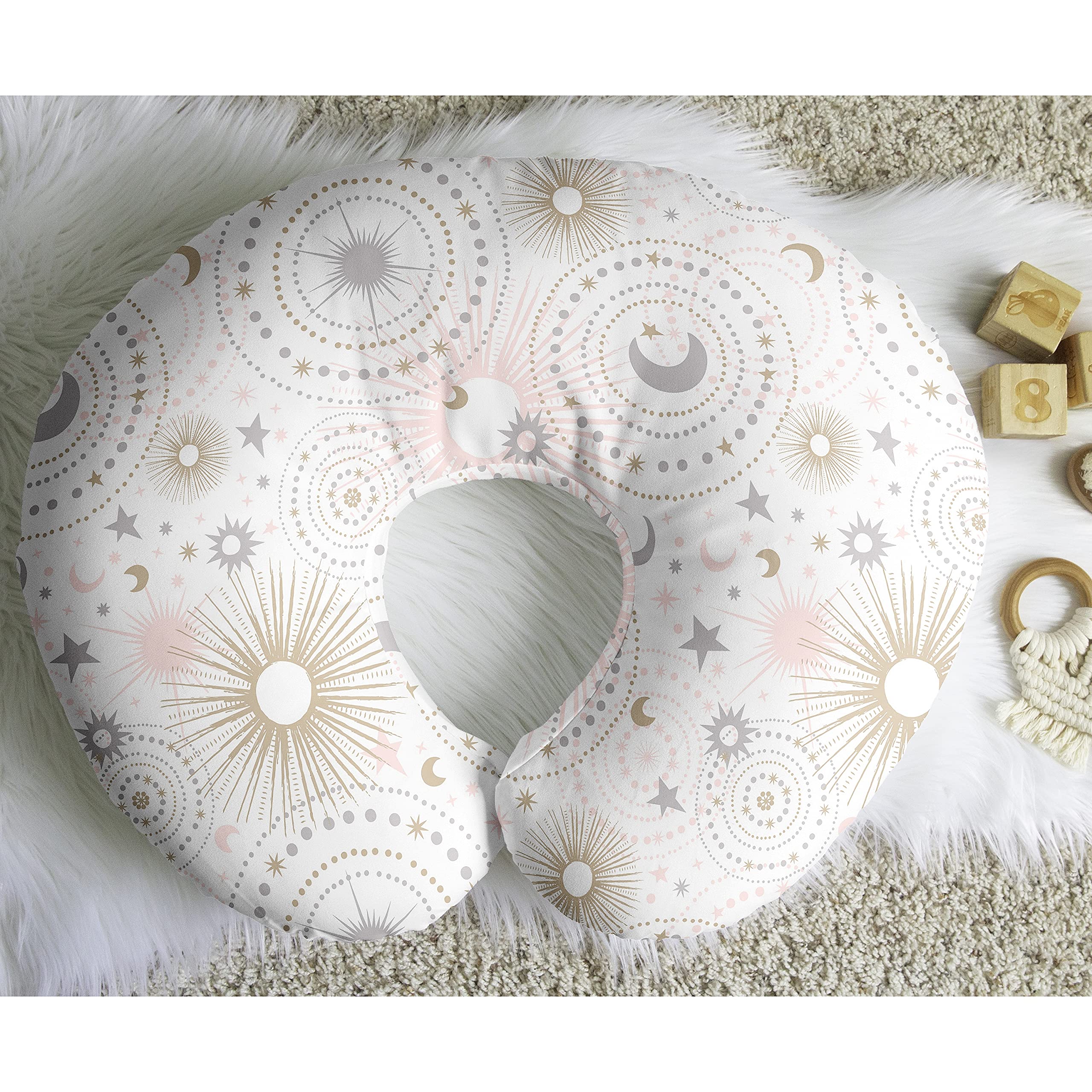 Sweet Jojo Designs Funda de almohada para lactancia materna con estrella y luna para bebé recién nacido o lactancia materna (almohada no incluida) – Rosa dorado y gris celestial estrellas