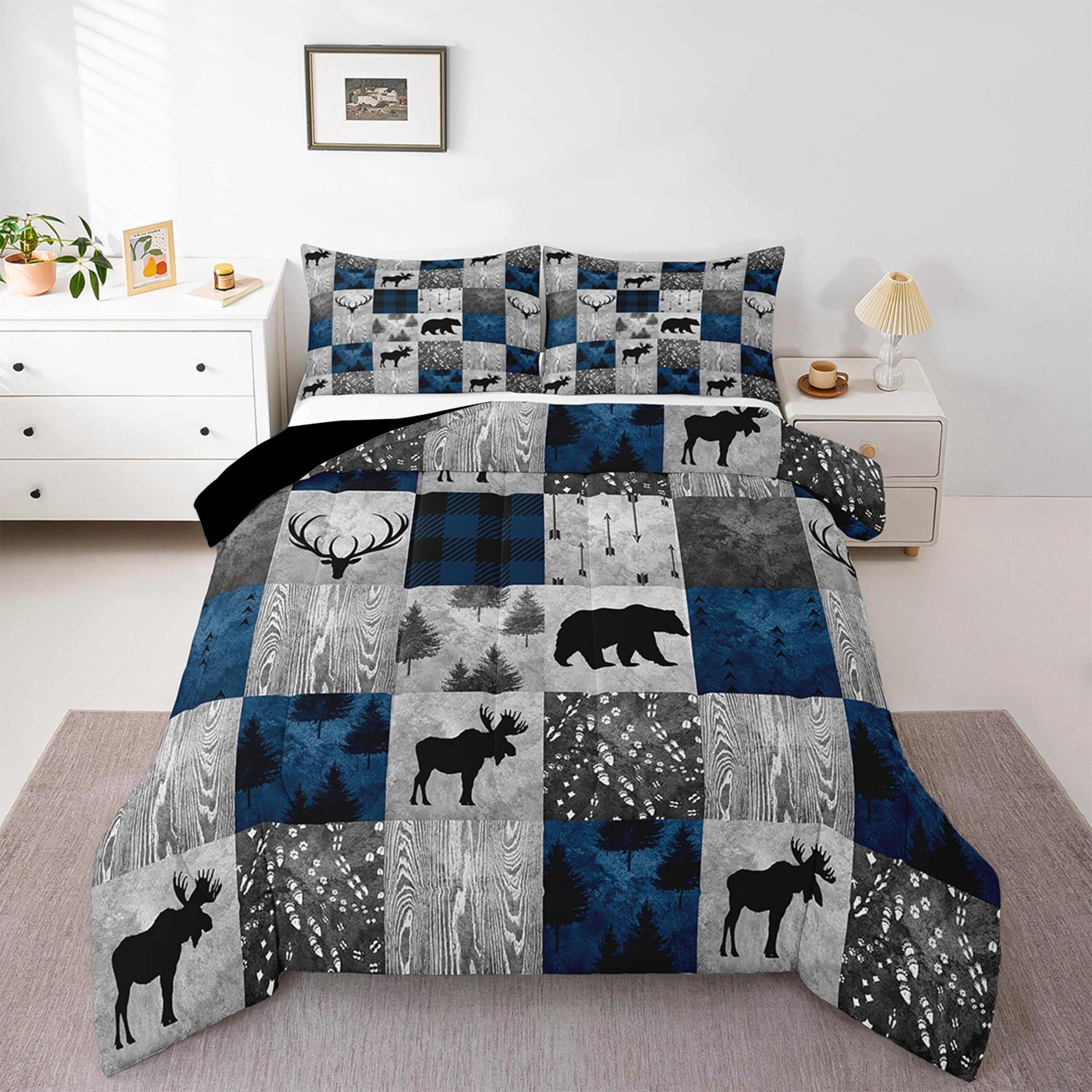 Bear Bedding Set Twin for Teens Boys,Buffalo Plaid Check Comforter Set Cabin Lodge Decor,Wild Animal Elk Antler Pattern Duvet Quilt Insert,Rustic Deer