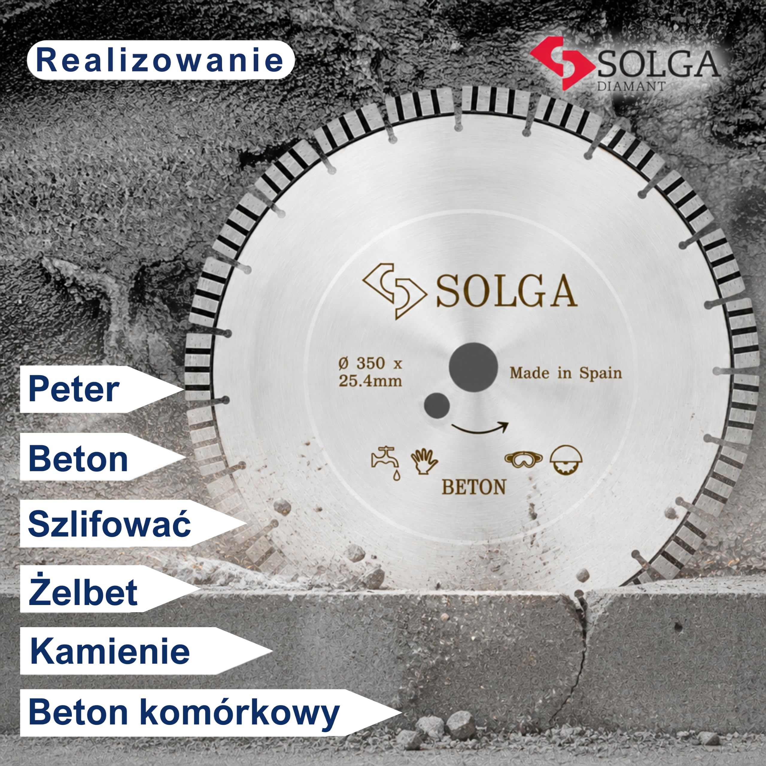 SOLGA DIAMANT Tarcza tnąca 350 mm TURBO, tarcza tnąca 350 mm, diamentowa tarcza tnąca do betonu zbrojonego, betonu, cegły, kamienia, betonu komórkowego, granitu, brzeszczot piły benzynowej,