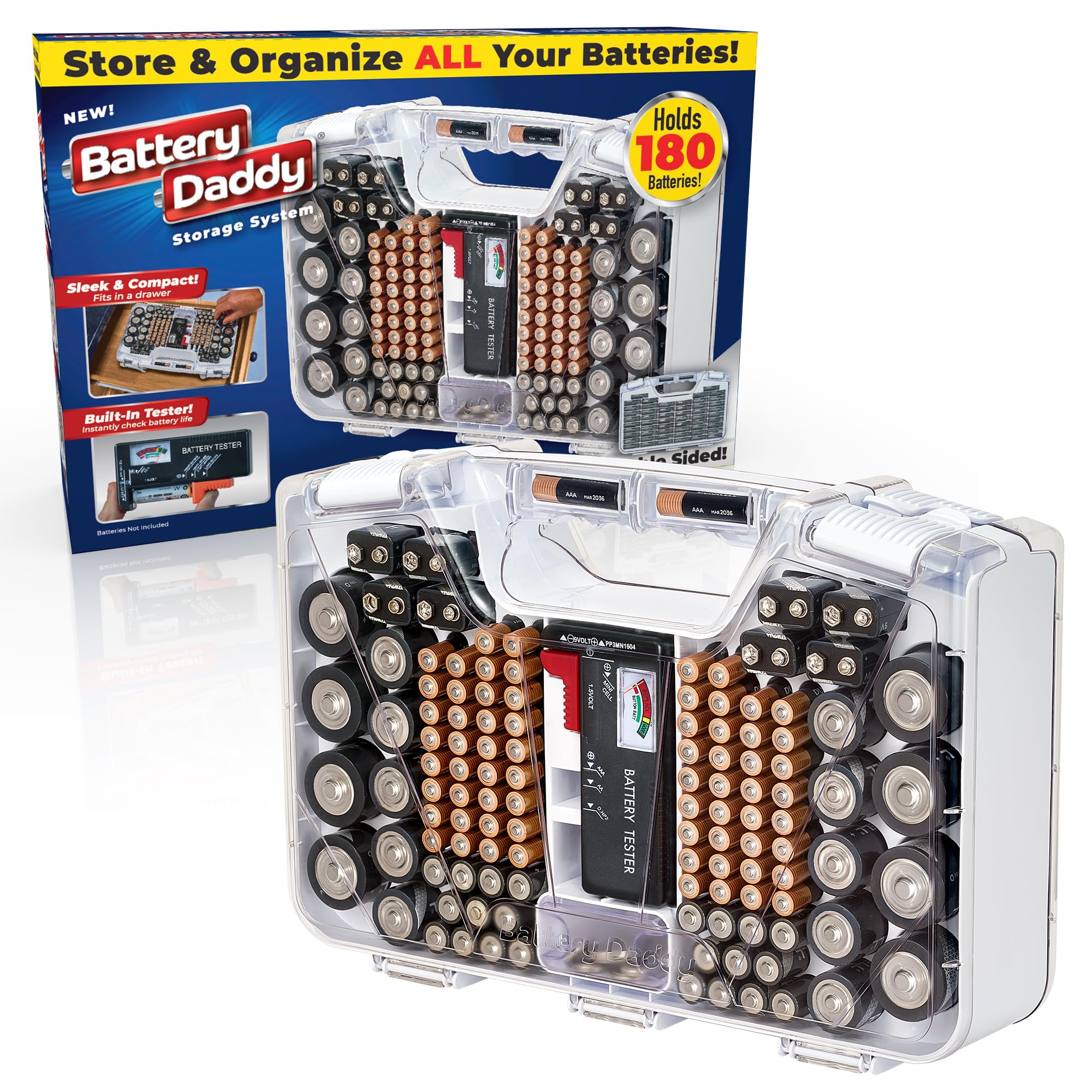 Battery Daddy Storage & Organizer Case with Tester, Stores & Protects Up to 180 Batteries, Double-Sided, Clear Locking Lid, Secure Latches & Portable Carrying Handle - White (Batteries Not Included), White, Original - 180 Batteries