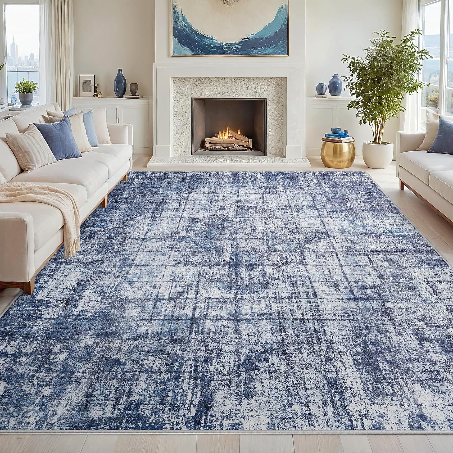 6x9 Area Rugs for Living Room Washable Rug: Anti-Skid Abstract Modern Living Room Rug Soft Thin Carpets Indoor Floor Non-Shedding Carpet for Bedroom Dining Farmhouse Nursery Navy Light Gray