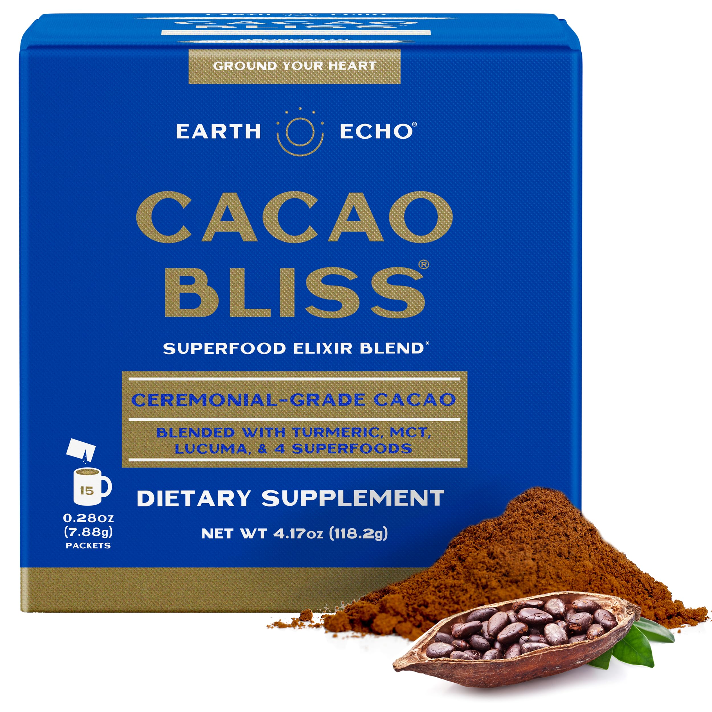 Earth Echo Cacao Bliss - Ceremonial Grade Organic Raw Cacao Powder with MCT Oil & Turmeric - Supports Energy Boost, Mindful Snacking & Focus - Unsweetened, Vegan, GMO-Free, 15 Packets for On-the-Go