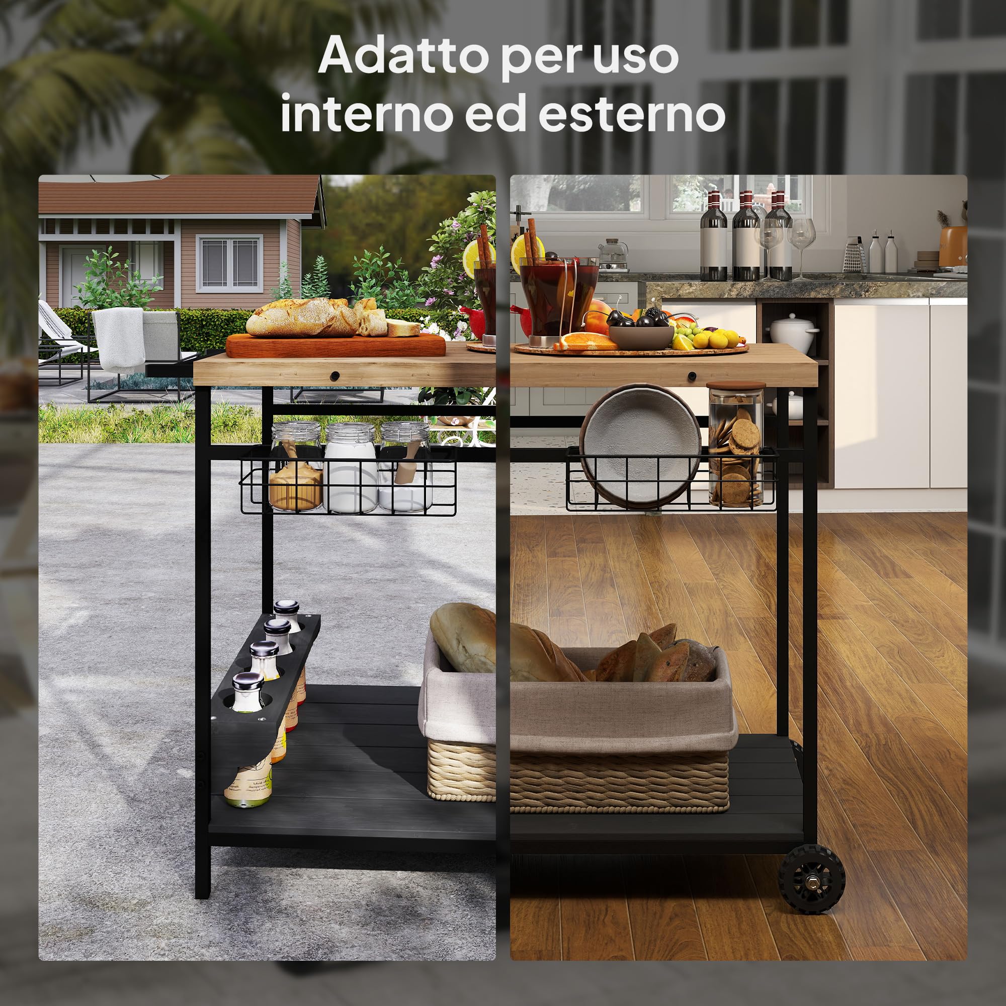 Outsunny Carrello da Giardino 2 Ripiani Legno Abete 97.5x65x81 cm Nero