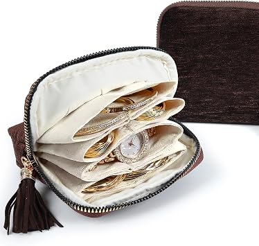 LOTOFUN Jewelry Organizer Case for Travel 5-Layer Velvet Zipper Pouch Bag for Bangles Link Bracelets Storage Protect from Tangle Scratch Chocolate Brown