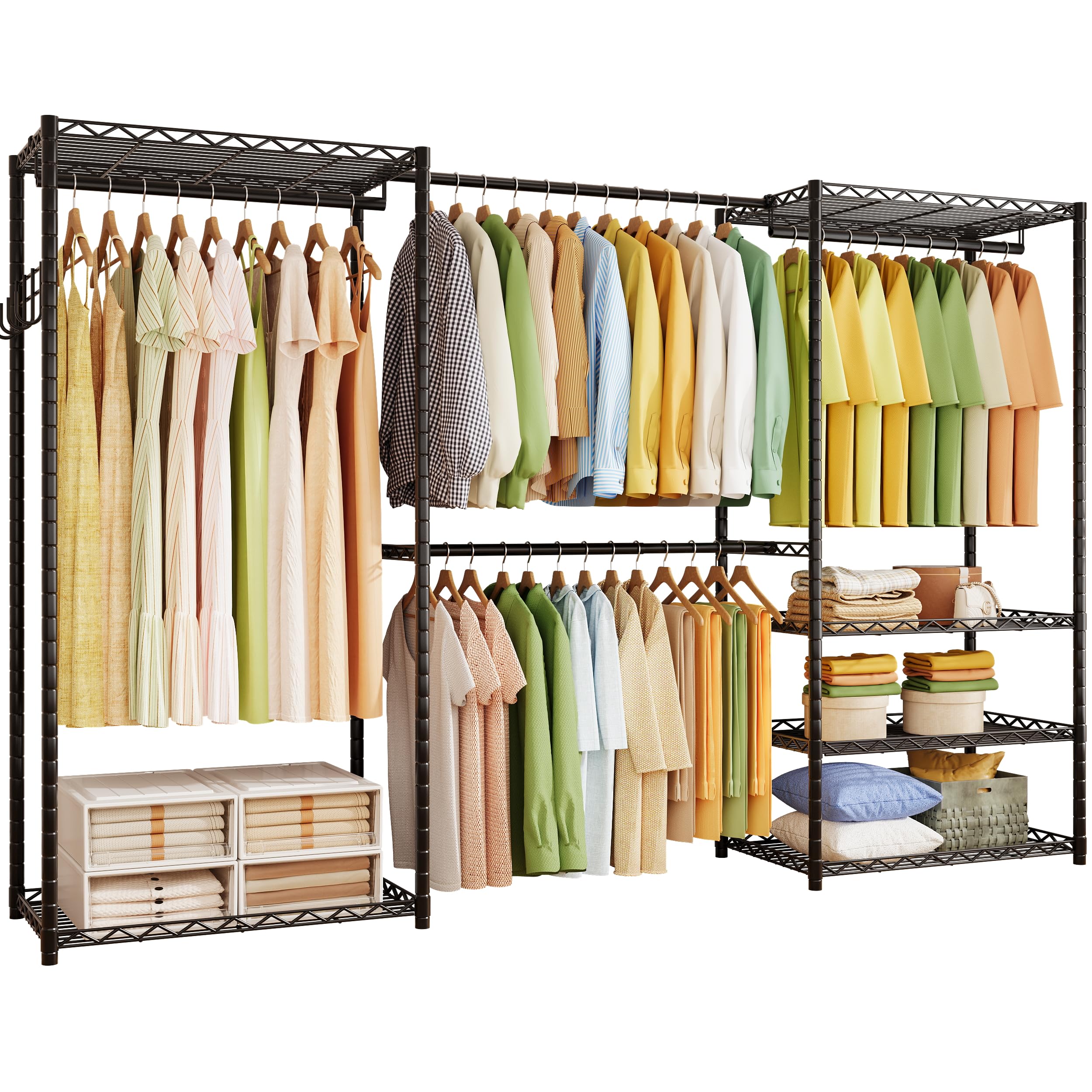 Photo 1 of ecobedding Heavy Duty Garment Rack, 900LBS Max Load Freestanding Closet Organizer with 6 Storage Shelves & 3 Adjustable Hanging Rods, Multifunctional (Black, 15.75" D x (69.7~88.2)" W x 79.5" H)