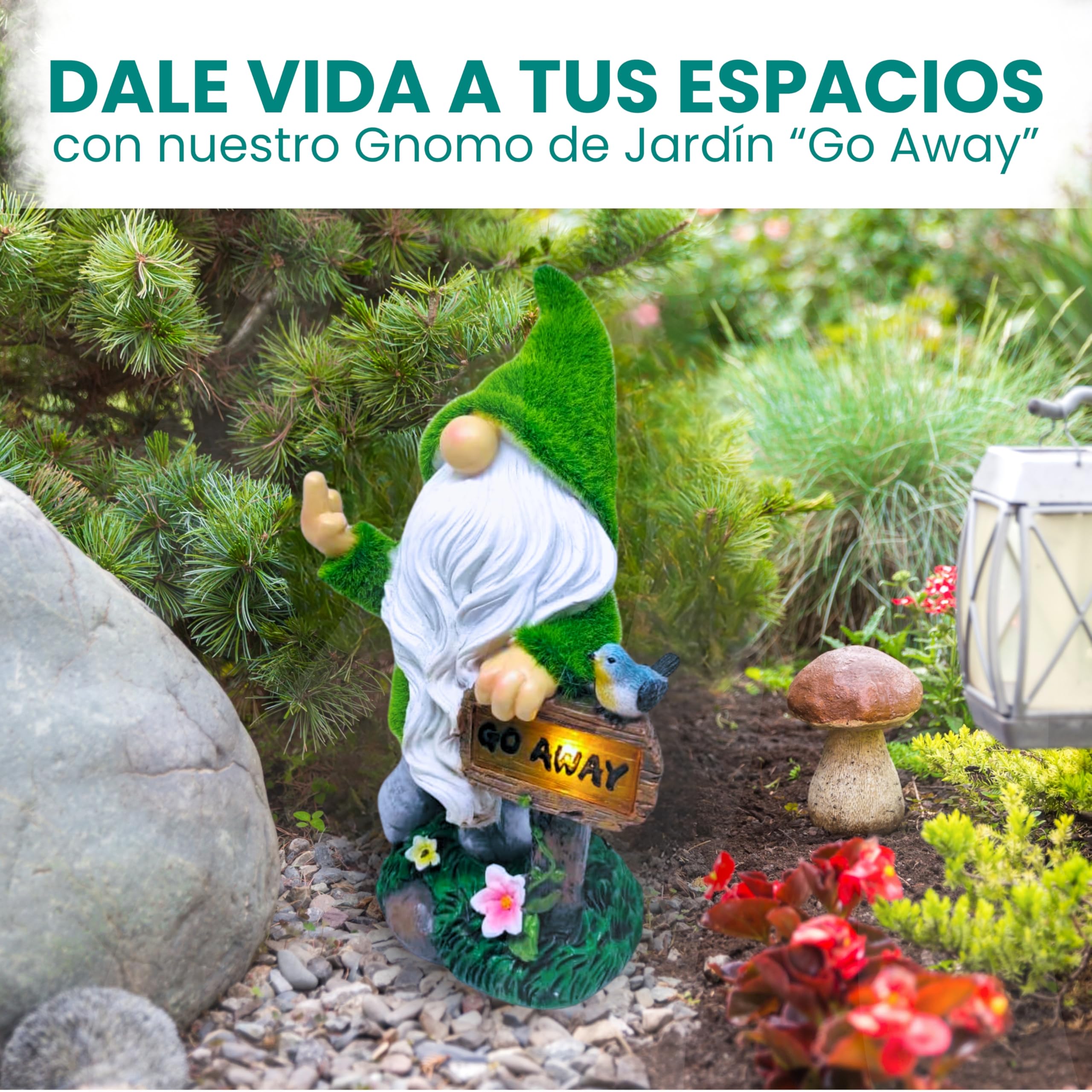 Gnomo de Jardín con Luz Solar “Go Away” – Figura de Resina Impermeable para Decoración Exterior – Enano Divertido para Jardín, Terraza o Patio – Adorno Original con Luz Automática