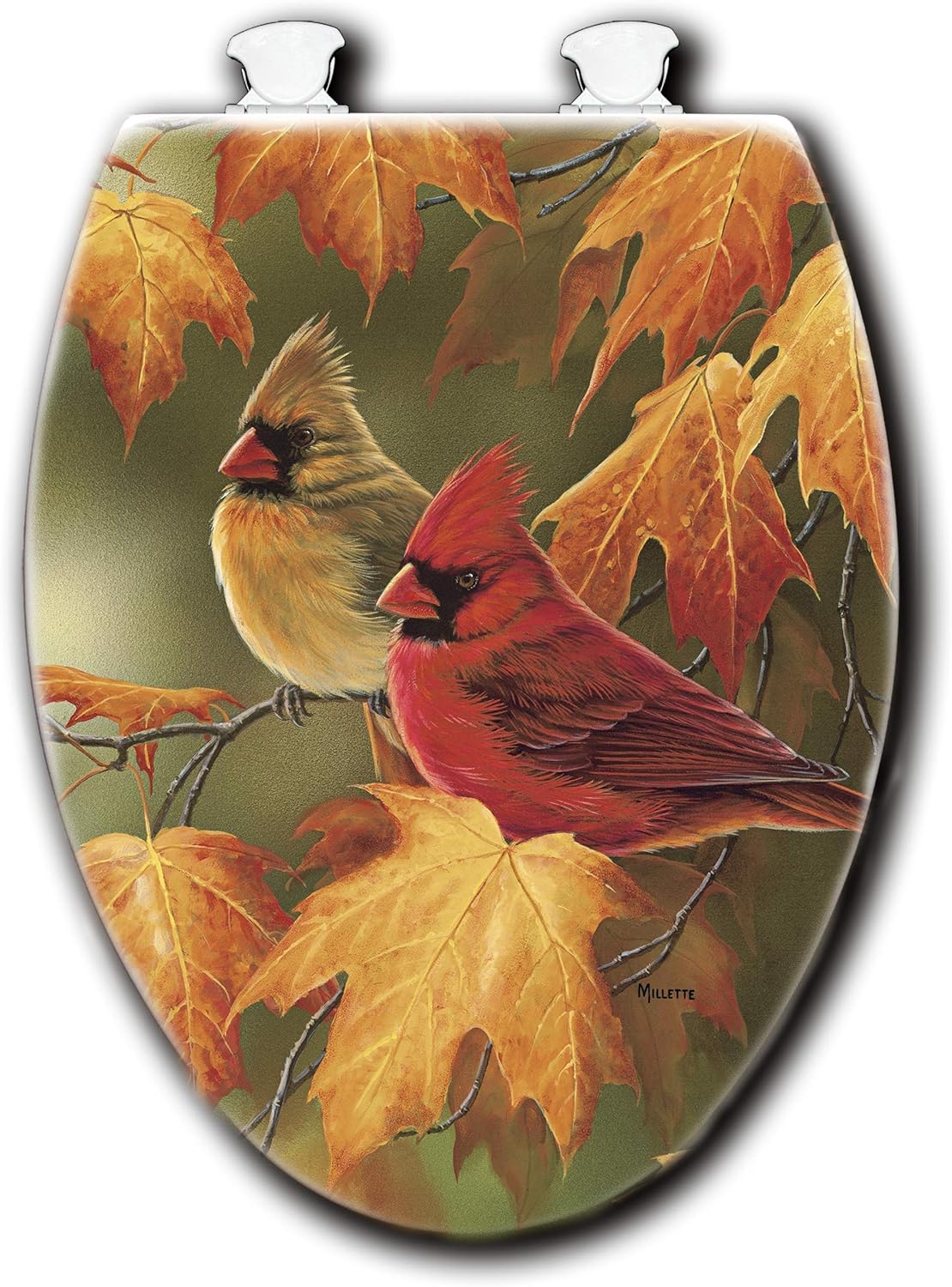 House & Homebody Co. Elongated Toilet Seat, White with Outdoor Image (Maple Leaves and Cardinal)