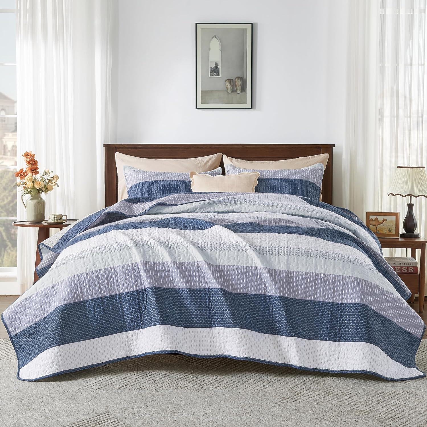 Andency King Size Quilt Set Mineral Blue, 3 Pieces Summer Ultra Soft Lightweight Bedspreads & Coverlets Set, Patchwork Striped Quilted Bedding Sets for All Seasons (1 Quilt, 2 Pillow Shams) - Image 7