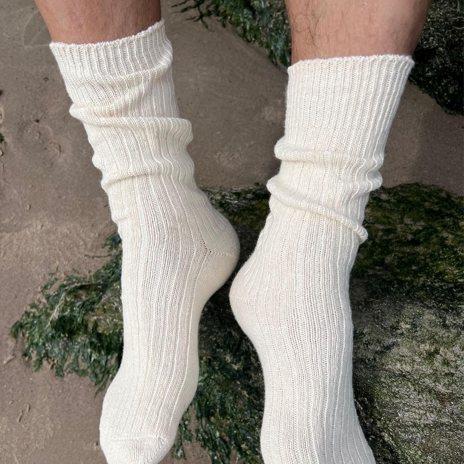Premium 97% Cotton Socks, Midweight Relaxed Ribbed Loose Non-Binding Sock Large 10-13 US, Natural White,2 Pairs,Made in Spain - Image 3