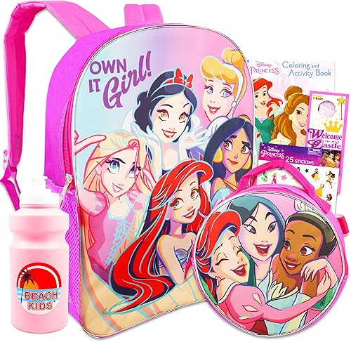 Disney Princess - Mochila de 6 piezas con mochila de 16 pulgadas, bolsa de almuerzo, bolsa de agua y más (suministros escolares de princesas