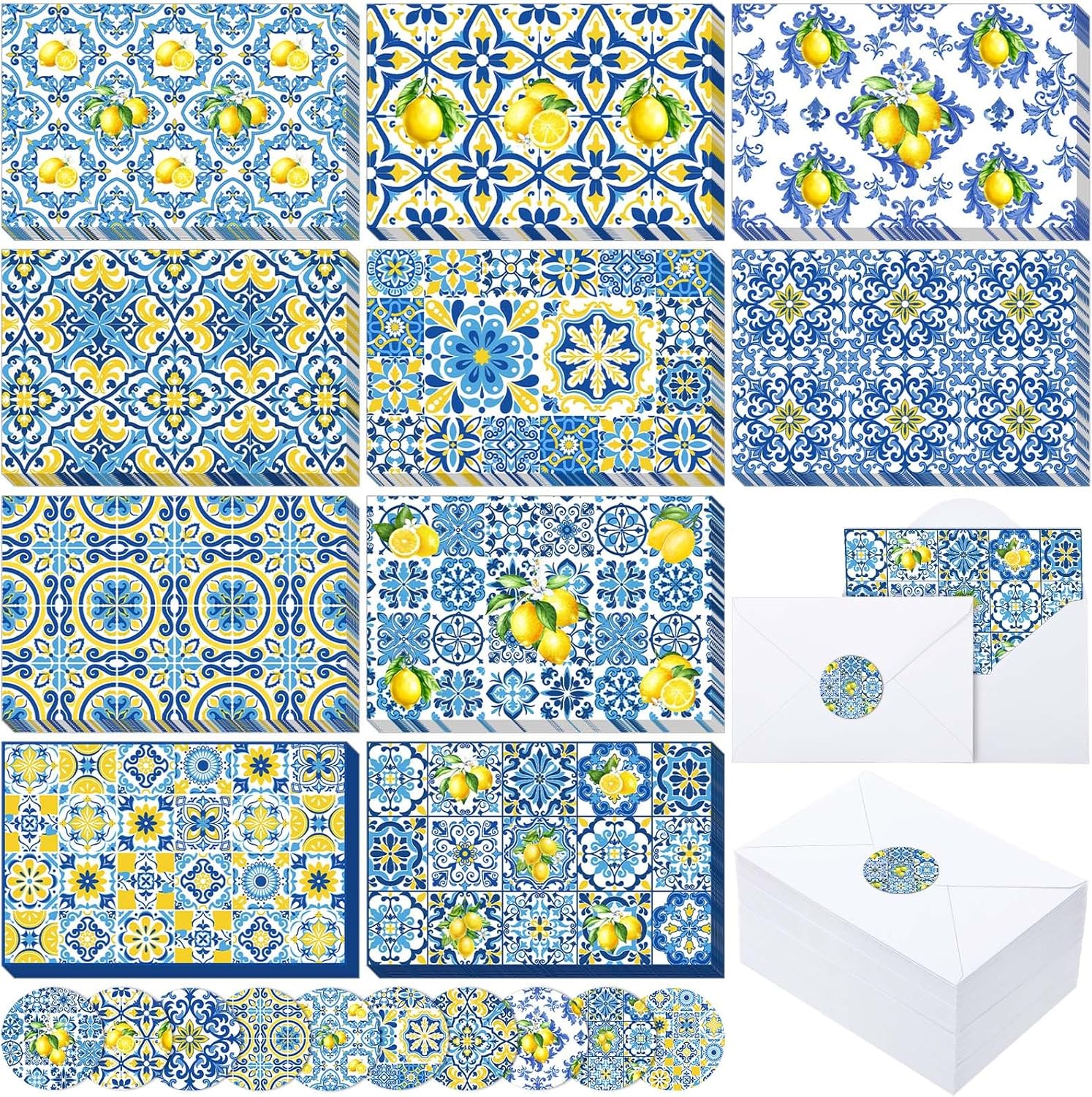 Maitys 200 Set Capri Lemon Blank Cards and Envelopes Bulk 4x6 Inch Beautiful Greeting Cards with Envelopes & Stickers 10 Amalfi Coast Lemon Notecards for Wedding Bridal Baby Showers Birthday