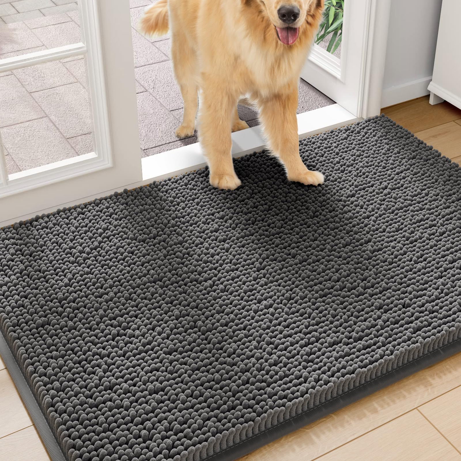 Amyracel Dirt Trapping Door Mat, 36" x 48" Large Absorbent Dog Door Mat for Muddy Paws, Quick Dry Non Slip Chenille Mud Mat for Dogs, Machine Washable