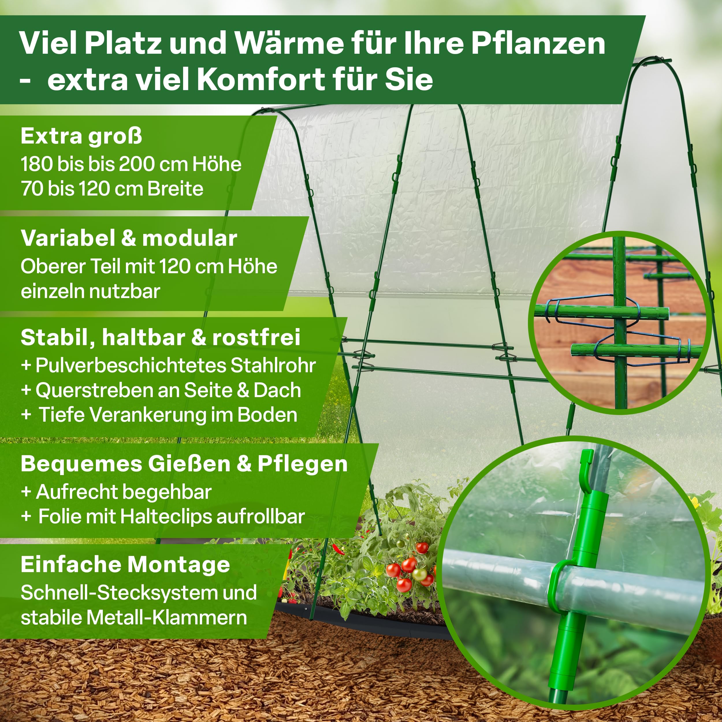 TTL GARDEN Peak L 200 Folientunnel & Tunnelbogen - Pflanztunnel mit Folie, Beetabdeckung für große Pflanzen 2m hoch, 1,20m breit, 2m lang, Folien Tunnel Bögen System, Stahl rostfrei Tomaten Bohnen