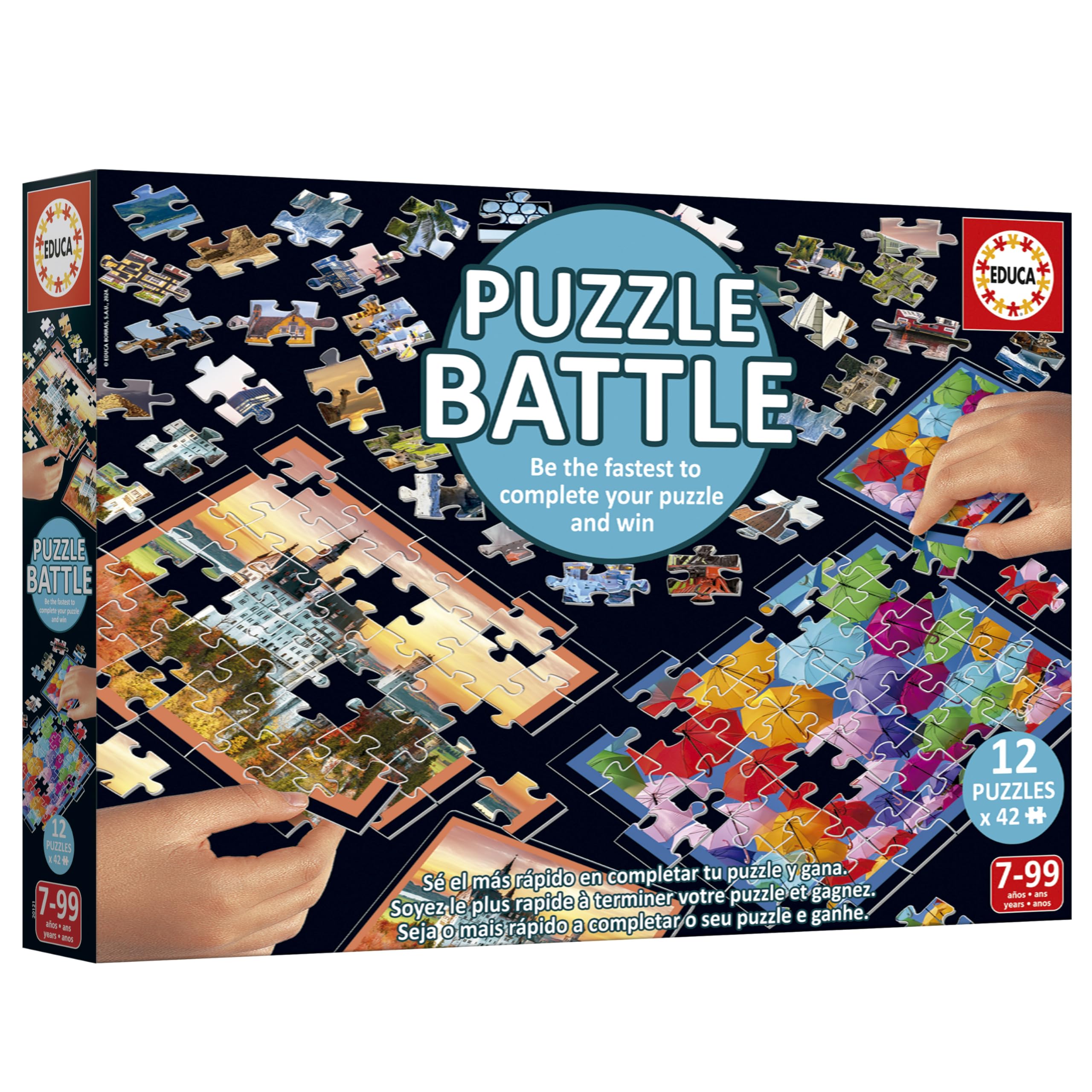 Educa Puzzle Battle Landscapes - Gioco Da Tavolo 7+ Anni, 12 Puzzle Da 42 Pezzi, Sfida Di Velocità Per 2 Giocatori