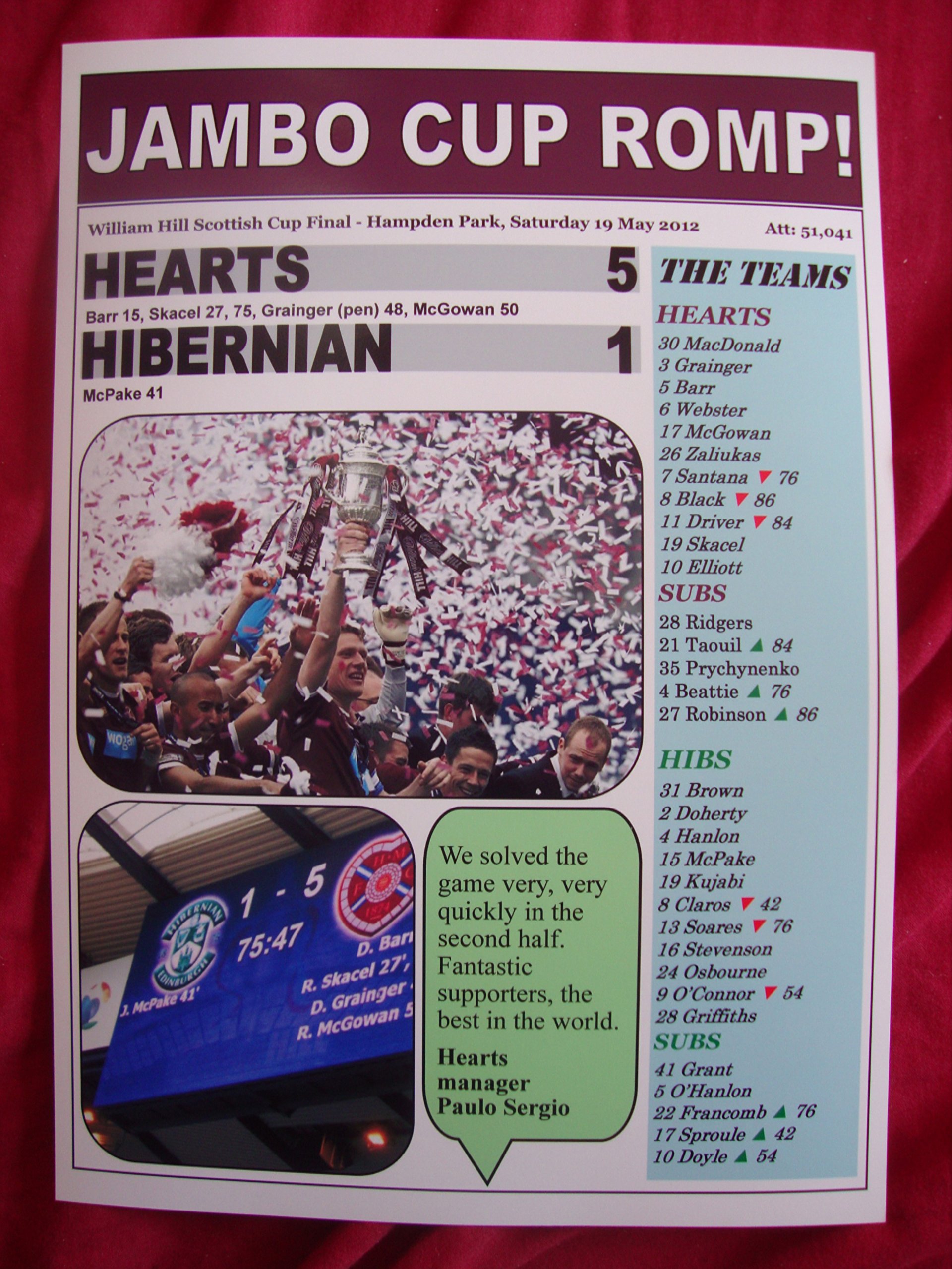 Lilywhite Multimedia Hearts 5 Hibernian 1 - 2012 Scottish Cup Final - Souvenir Print
