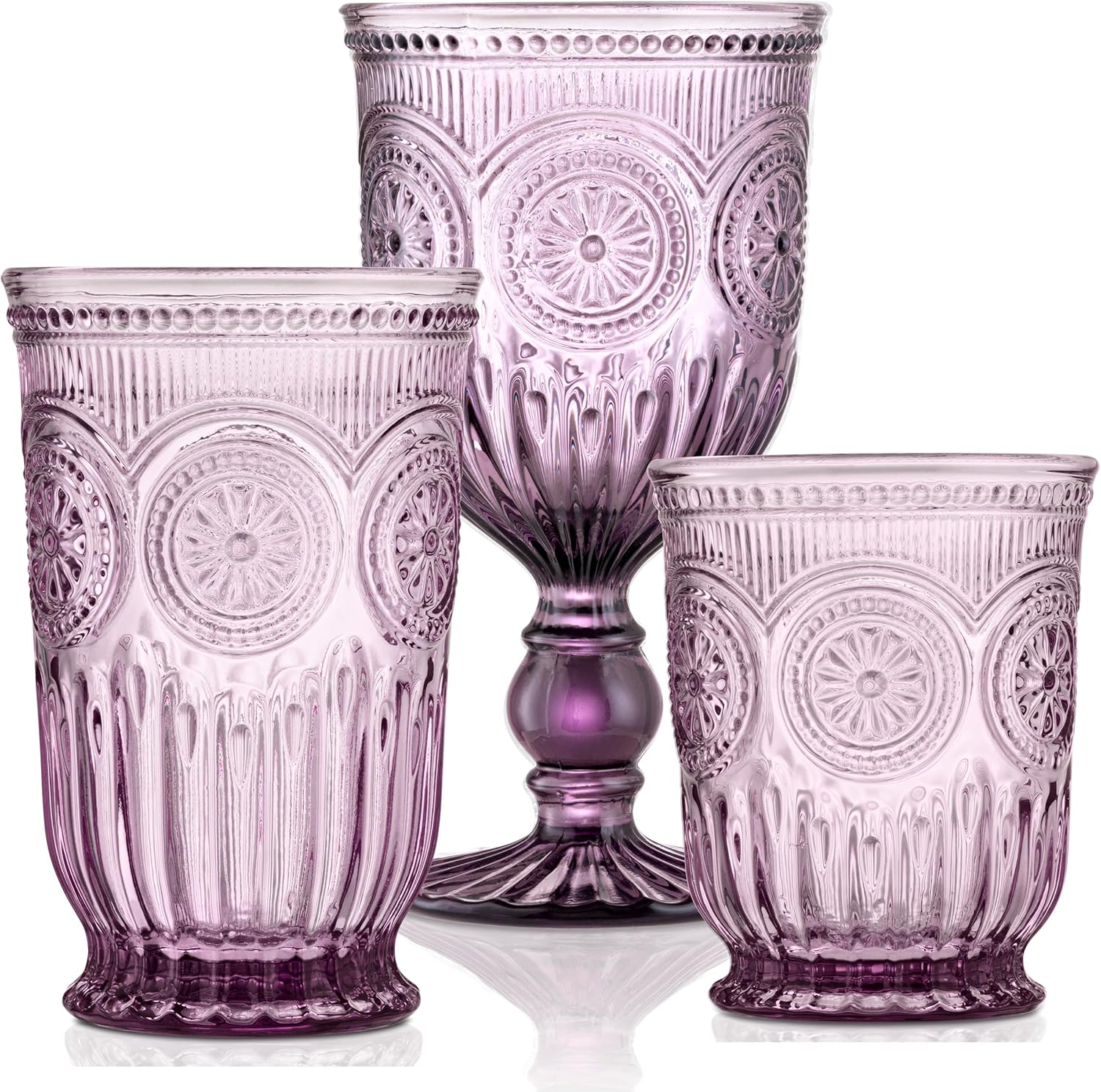 Yungala Purple Glassware Bundle - Purple Wine Glasses, Purple Highball Glasses and Purple Small Drinking Glasses - Matching Purple Glassware Sets with Sunflower Emboss Design