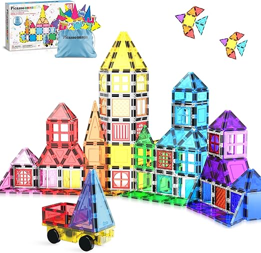 PicassoTiles Magnetic Toys Panda & Monkey Parents Set Magnet Tile Block Compatible Add-Ons Expansion Pack with Panda, Cub, Monkey and Baby Monkeys Learning Educational Toddler Sensory Play Toy Ages 3+