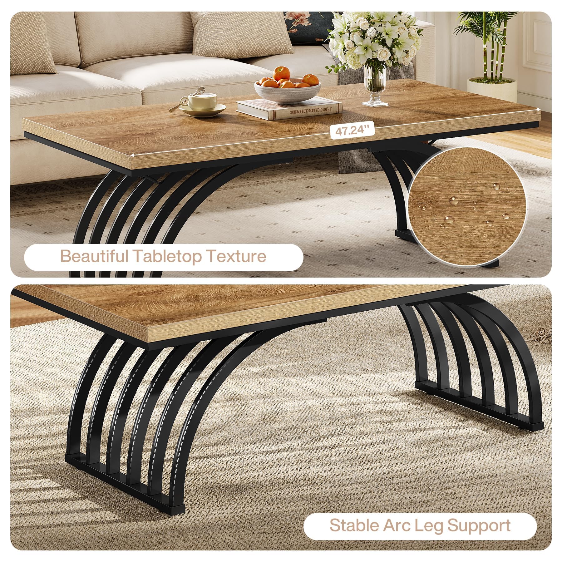 Tribesigns Mesa de centro de 120 cm, mesa de centro industrial con patas de metal, mesa de acento moderna de madera, mesa de té en casa oficina, color marrón claro