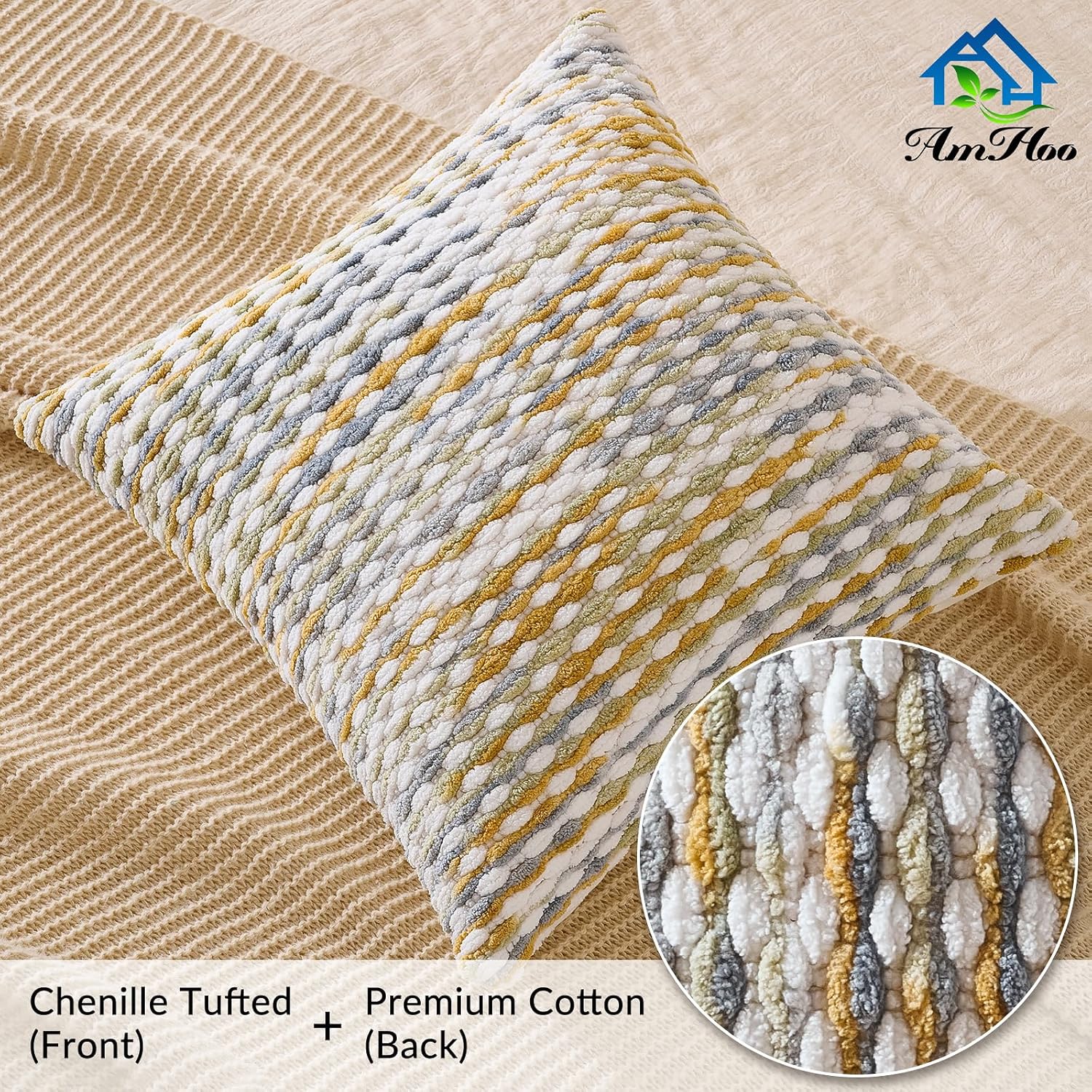 AmHoo Boho Chenille Pillow Cover Decorative Tufted Pillowcase for Couch Bed Sofa Bedroom Living Room Modern 18 x 18-Inch Grey - Image 3