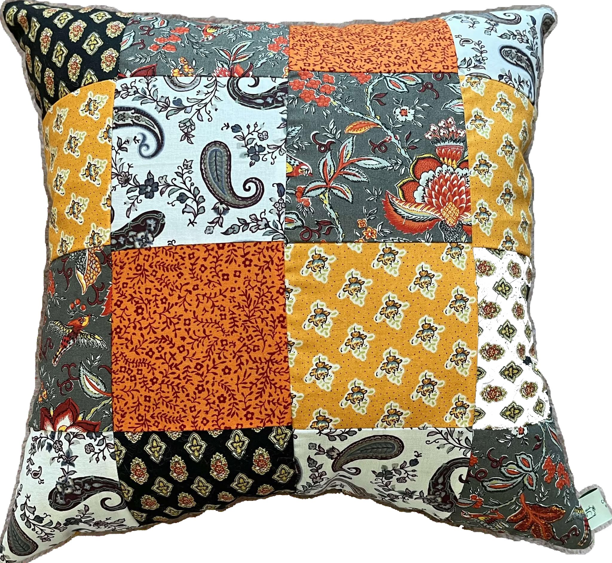 Housse de coussin patchwork provençal 38x38 cm motif traditionnel sudiste fait main orange