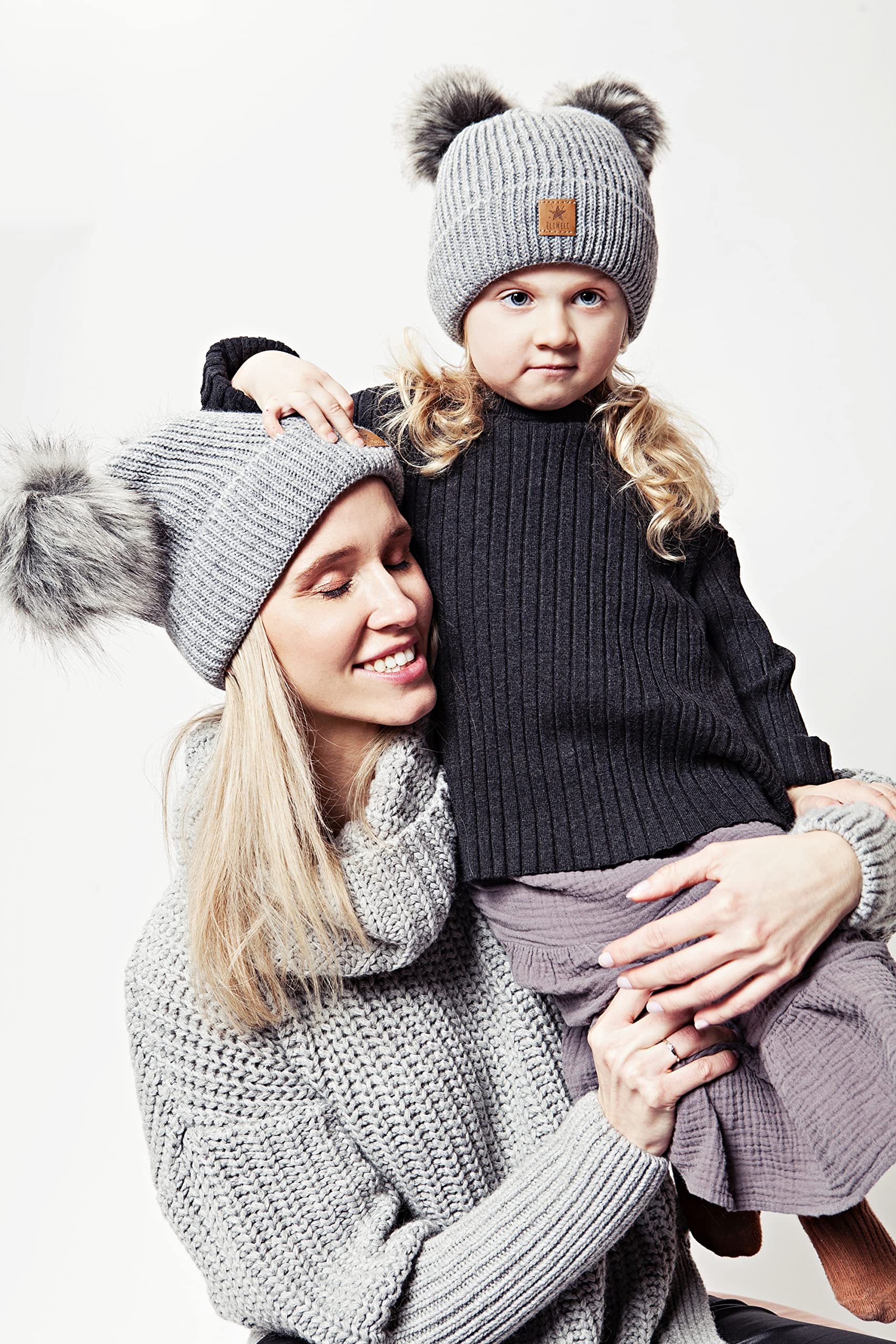 ELIMELI Eltern-Kind Mütze Mädchen Warme Wintermütze für Mutter und Tochter Mütze Damen Winter mit Zwei Bommeln Slouch Strick Beanie Damen Bommelmütze Kinder Mama und Baby Cap Set 3