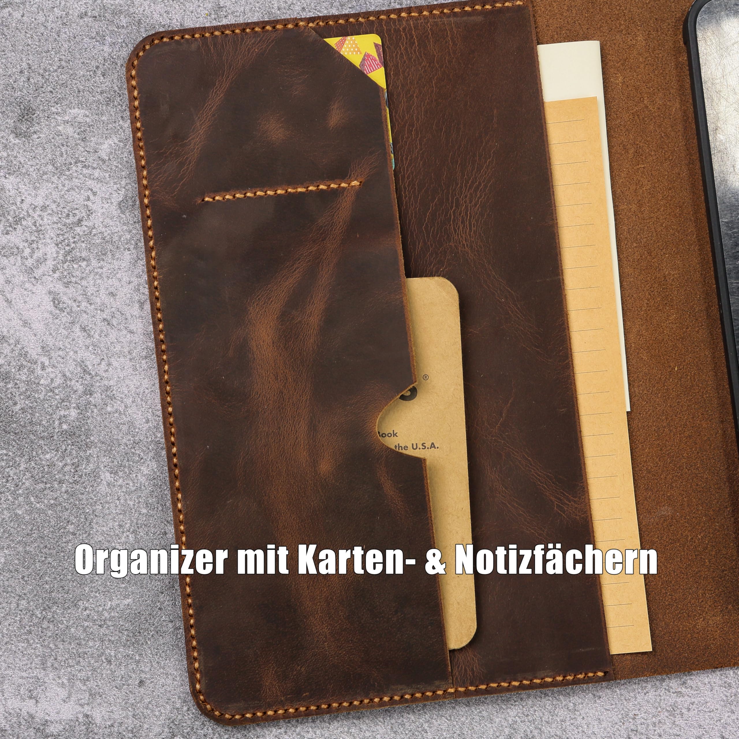 Personalisierbare Leder-Organizer-Hülle mit Standfunktion für iPad/iPad mini/iPad Air/iPad Pro, Vollnarben-Pull-Up-Leder, handgenähte Sattlernaht, Kartenfäche