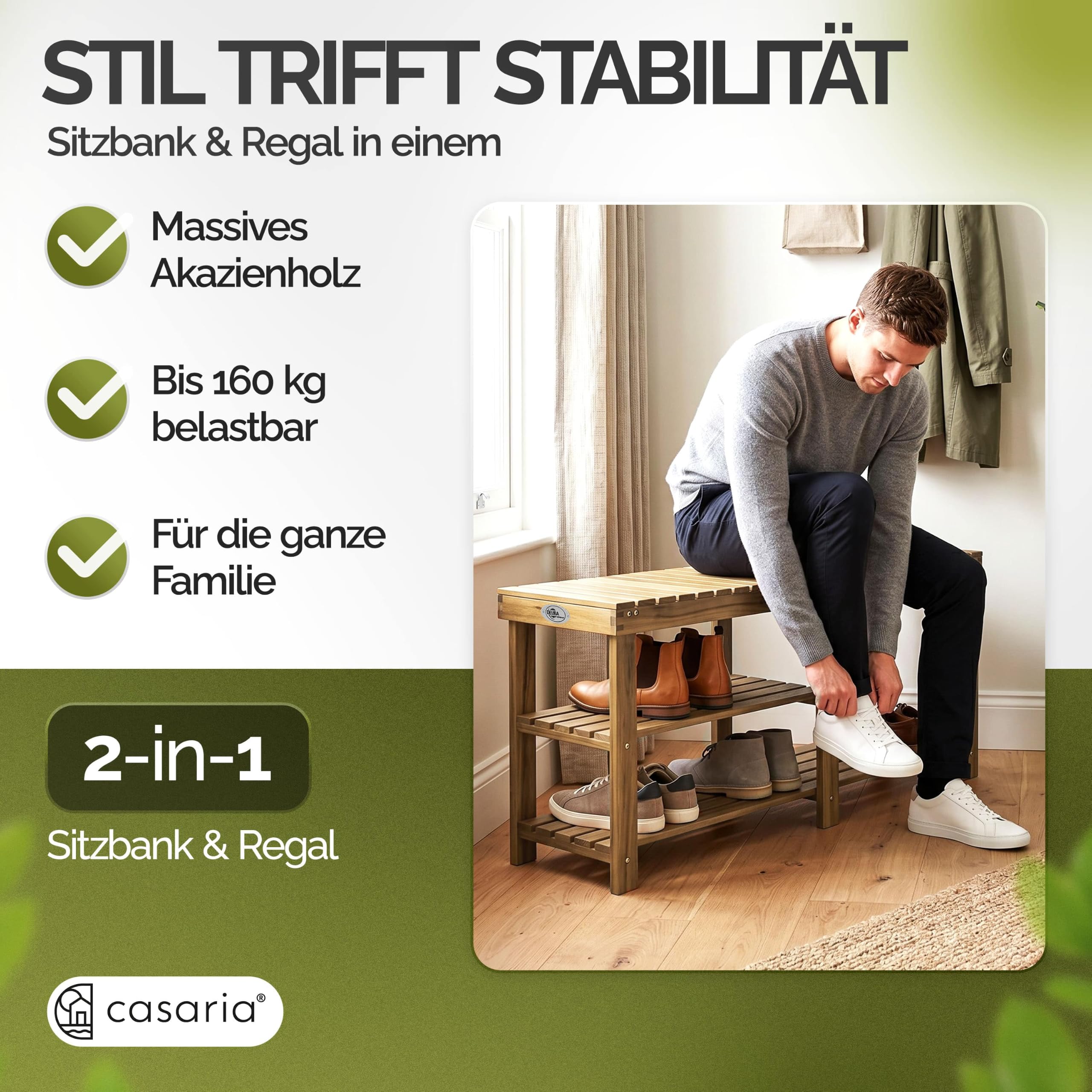 Casaria Schuhbank mit Sitzfläche 87 x 45 x 30 cm 160kg Belastbarkeit 3 Ebenen Akazie Holz Massiv Flur Diele Bad Sitzbank Schuhregal Schuhschrank Braun