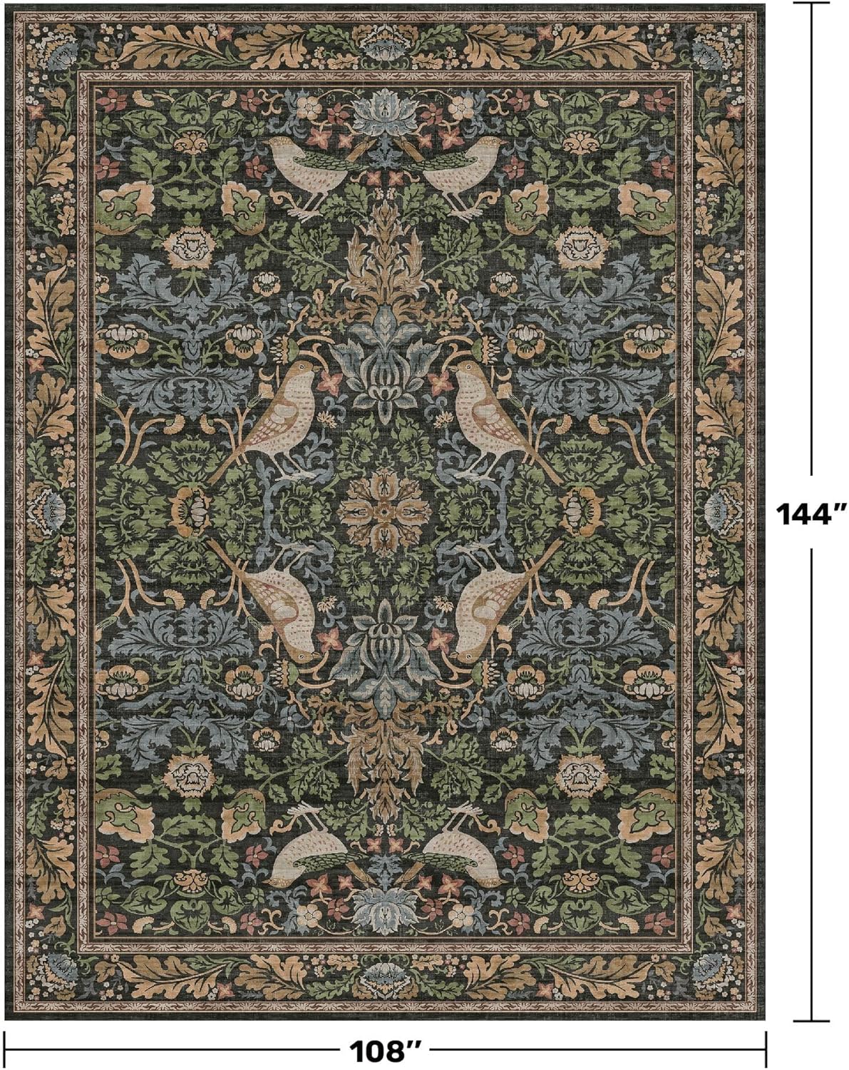 Vintage 9x12 Dining Room Rugs for Under Table - Dark Botanical & Bird Patterned Rugs for Living Room, Bedroom Under Bed, Traditional Cottage Brown and Green Décor, Washable Non Slip Folable Carpet 9' x 12' (Rectangular) Dark Green / Brown