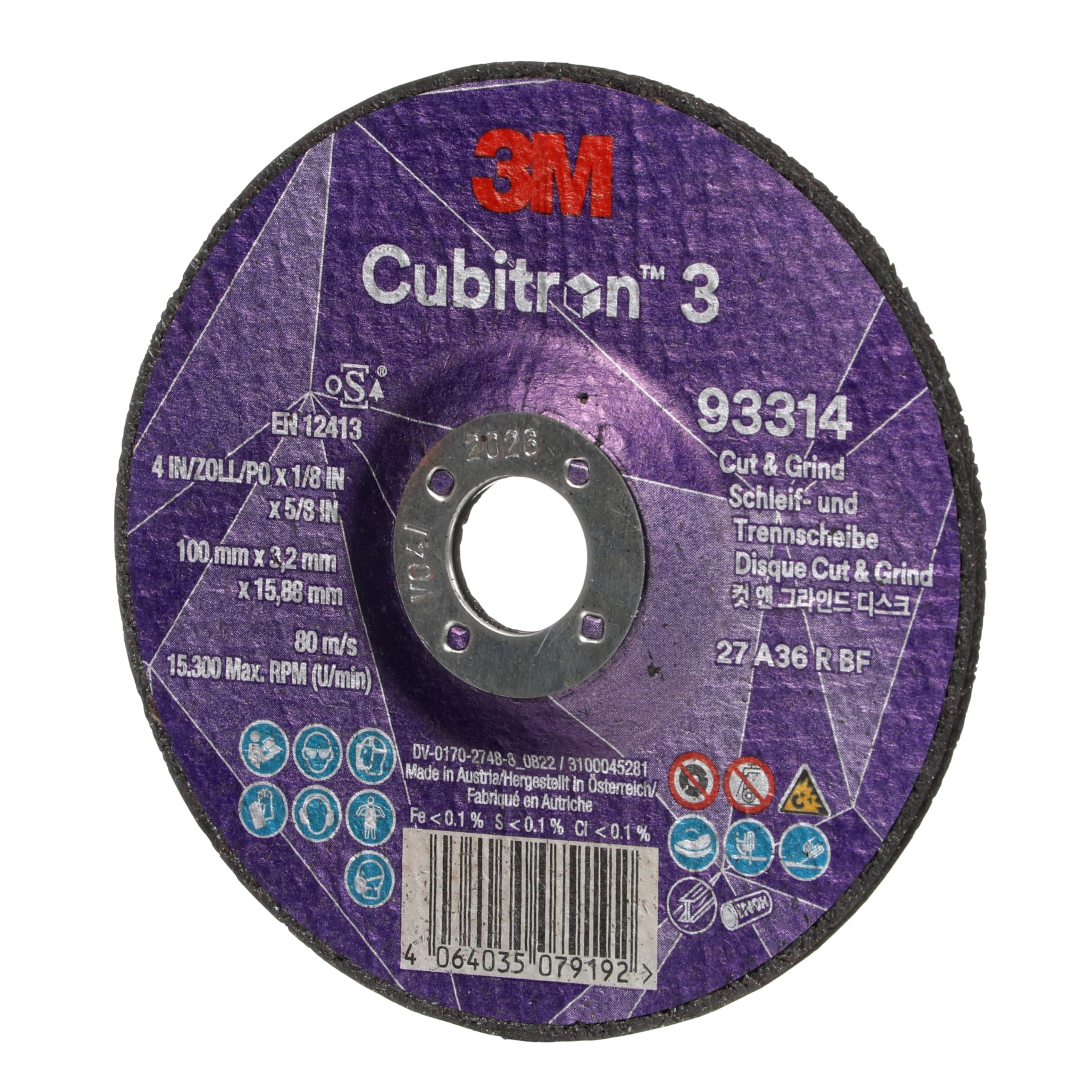 3M Cubitron 3 Disco de Corte y Desbaste, 93314, 36+, T27, 100 mm x 3.2 mm x 15.88 mm, EN, Paquete de 10 Unidades
