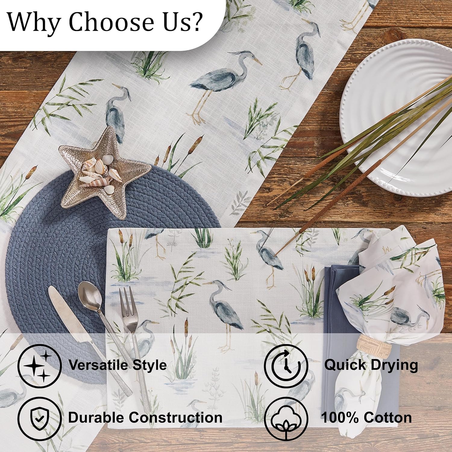 Split P Blue Heron Table Runner 14" X 54", Coastal Style Table Cloth for Everyday and Beach Decor, 100% Cotton Machine Washable