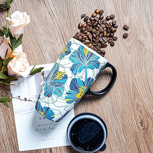 Miniatura 10 de Topadorn Taza de café de cerámica Taza de té de porcelana con mango de tapa y caja de regalo 17oz, hoja verde